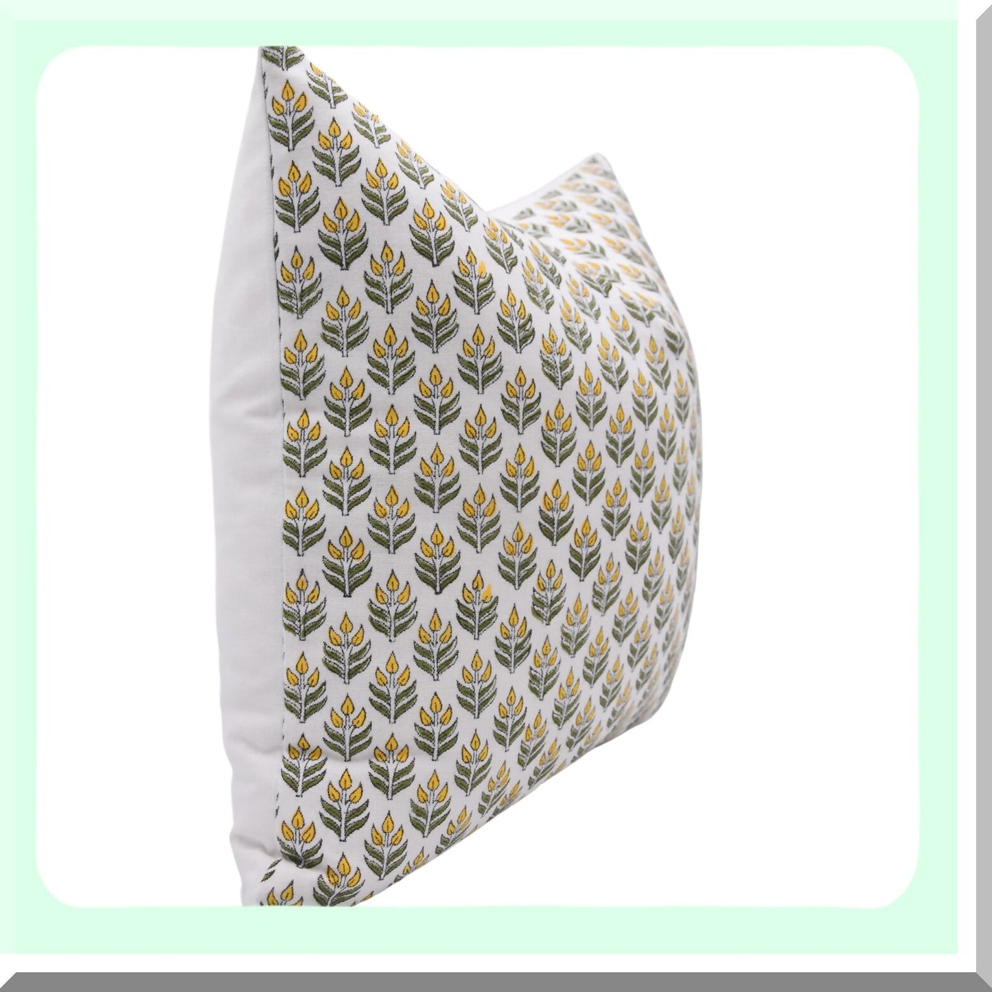 Boho Chic Floral Block Print Cushion Cover - Vintage White Cotton Throw Pillow Case for Sofa & Couch - 16x16 Yellow Outdoor Decor - Aliya Collection