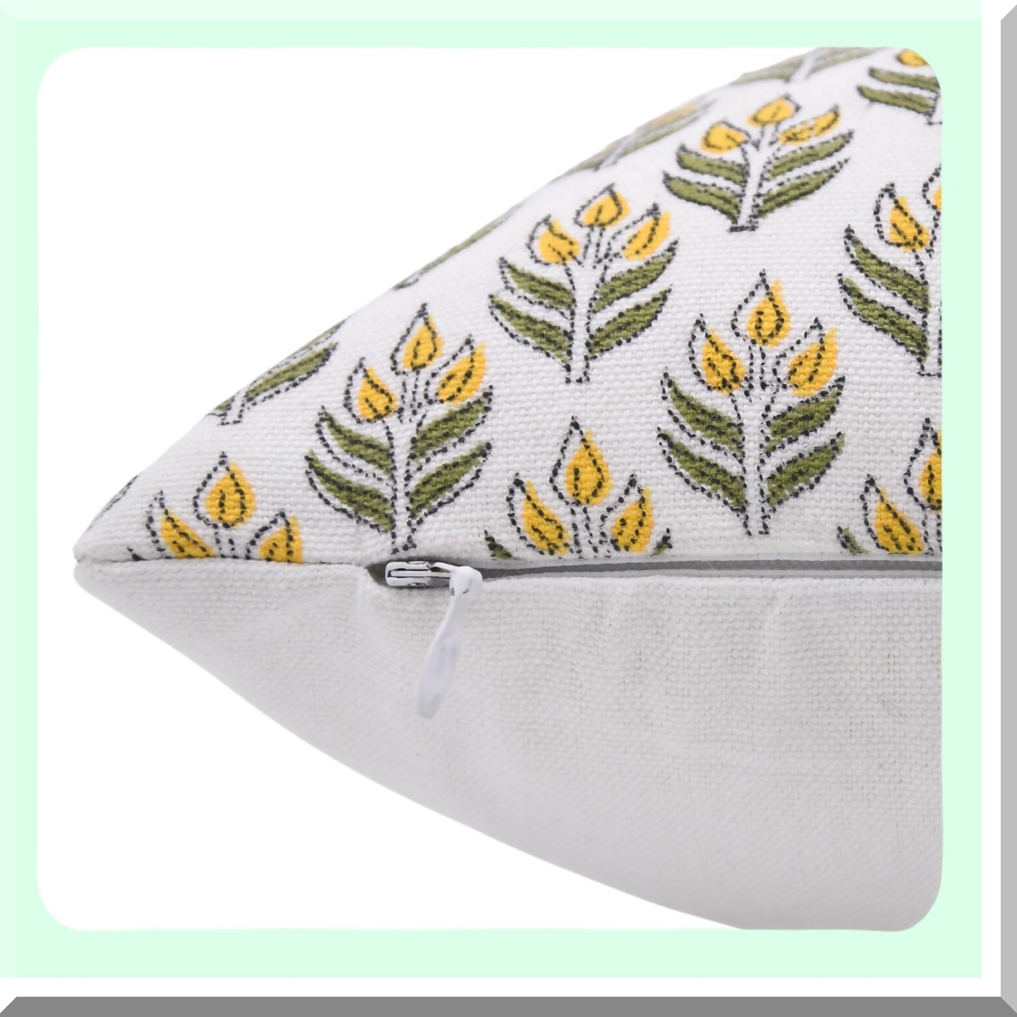 Boho Chic Floral Block Print Cushion Cover - Vintage White Cotton Throw Pillow Case for Sofa & Couch - 16x16 Yellow Outdoor Decor - Aliya Collection