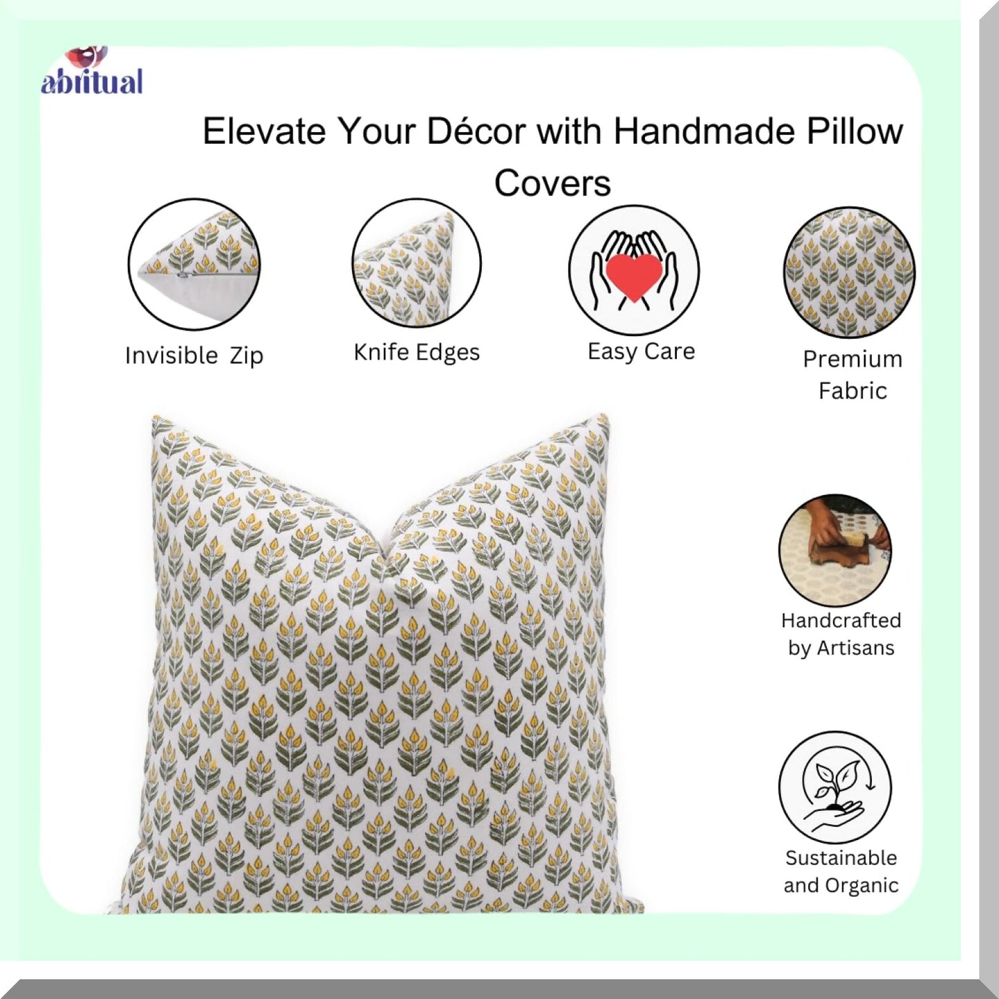 Boho Chic Floral Block Print Cushion Cover - Vintage White Cotton Throw Pillow Case for Sofa & Couch - 16x16 Yellow Outdoor Decor - Aliya Collection