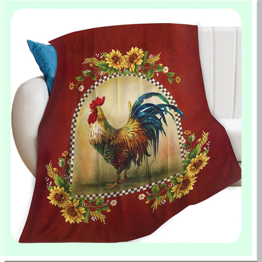 Sunflower Rooster Farm Fleece Throw - Cozy Red Print Blanket for Couch, Sofa, Bed - Soft Plush Flannel Bedding - Perfect Gift for Baby, Kids, Adults