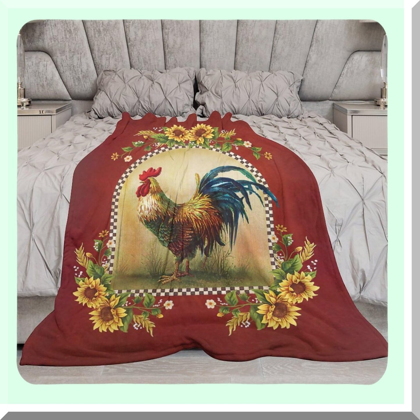 Sunflower Rooster Farm Fleece Throw - Cozy Red Print Blanket for Couch, Sofa, Bed - Soft Plush Flannel Bedding - Perfect Gift for Baby, Kids, Adults