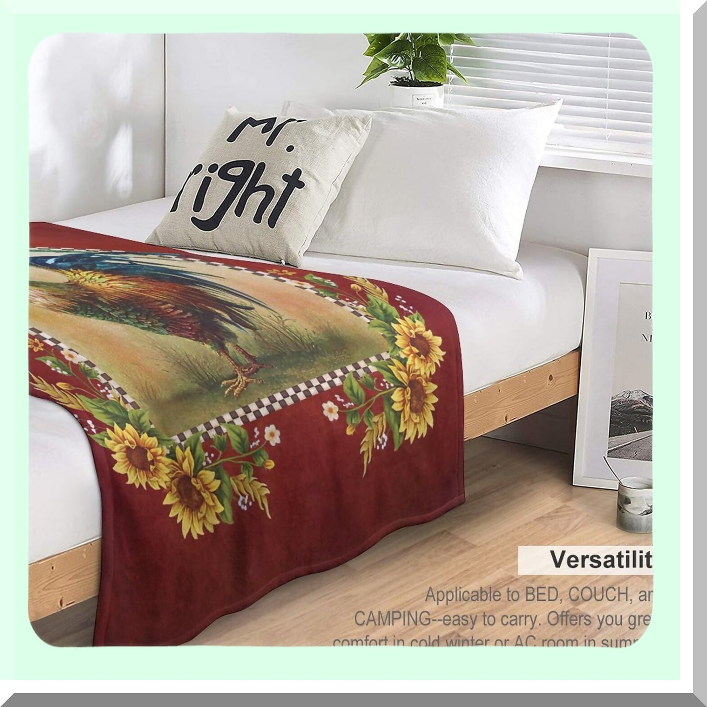 Sunflower Rooster Farm Fleece Throw - Cozy Red Print Blanket for Couch, Sofa, Bed - Soft Plush Flannel Bedding - Perfect Gift for Baby, Kids, Adults