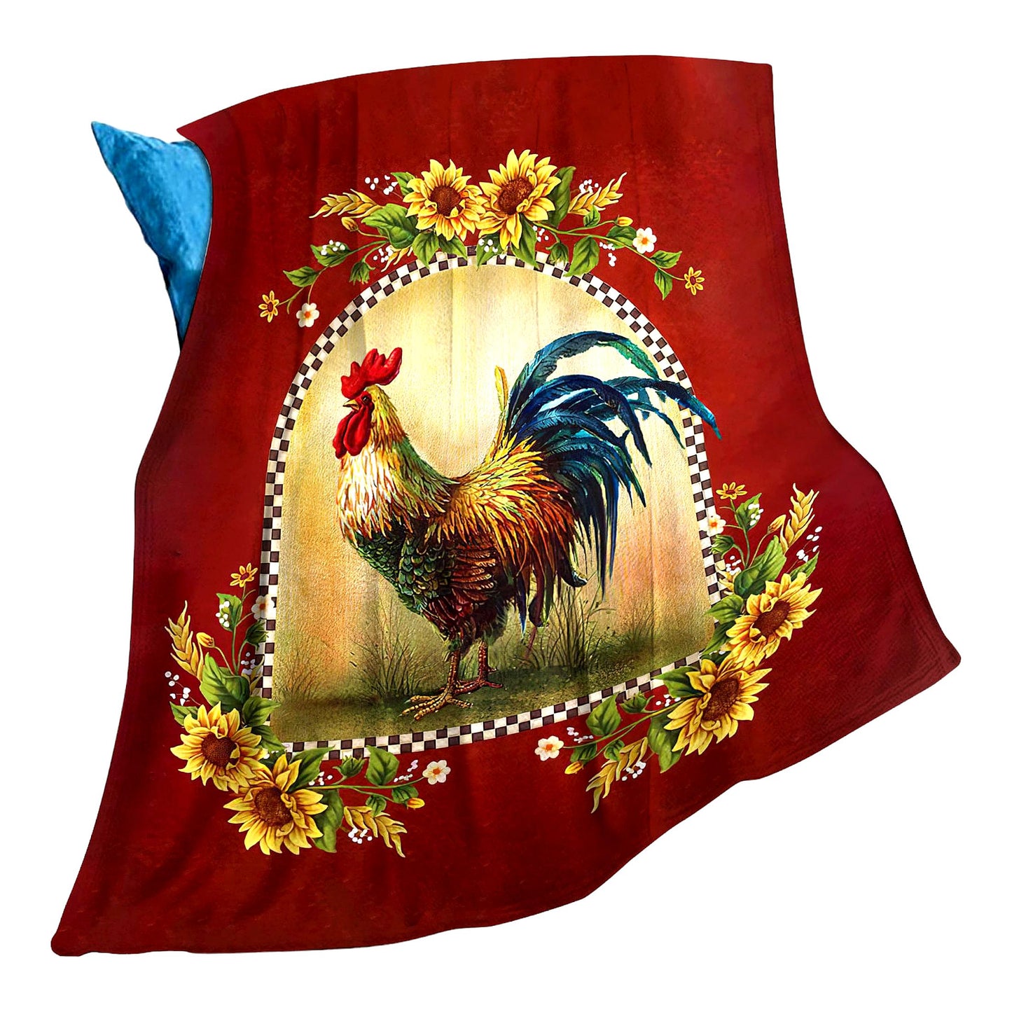Sunflower Rooster Farm Fleece Throw - Cozy Red Print Blanket for Couch, Sofa, Bed - Soft Plush Flannel Bedding - Perfect Gift for Baby, Kids, Adults