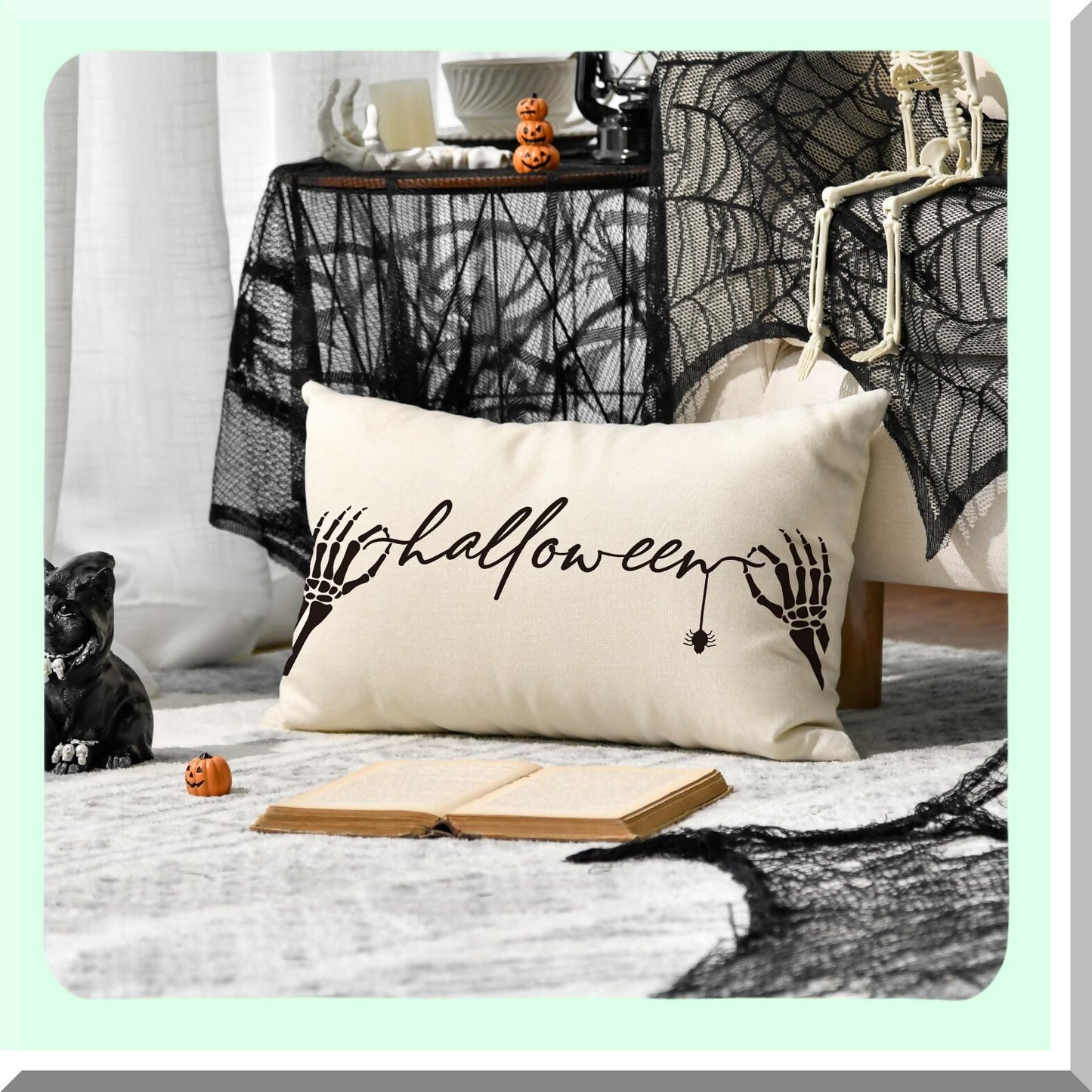 Spooky Skeleton Hand Spider Decorative Pillow Covers - Set of 2, Black and White 12x20 Inch Throw Pillow Cases for Home Sofa Couch Halloween Theme