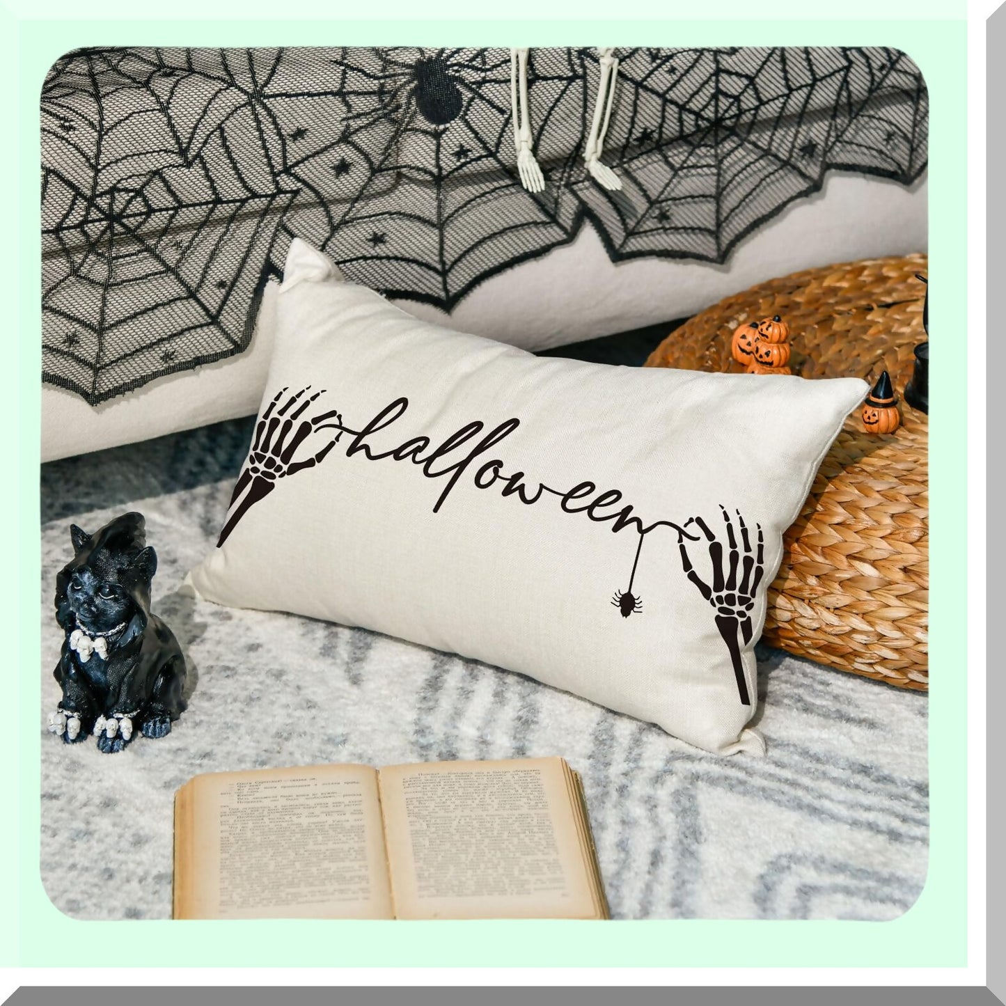 Spooky Skeleton Hand Spider Decorative Pillow Covers - Set of 2, Black and White 12x20 Inch Throw Pillow Cases for Home Sofa Couch Halloween Theme