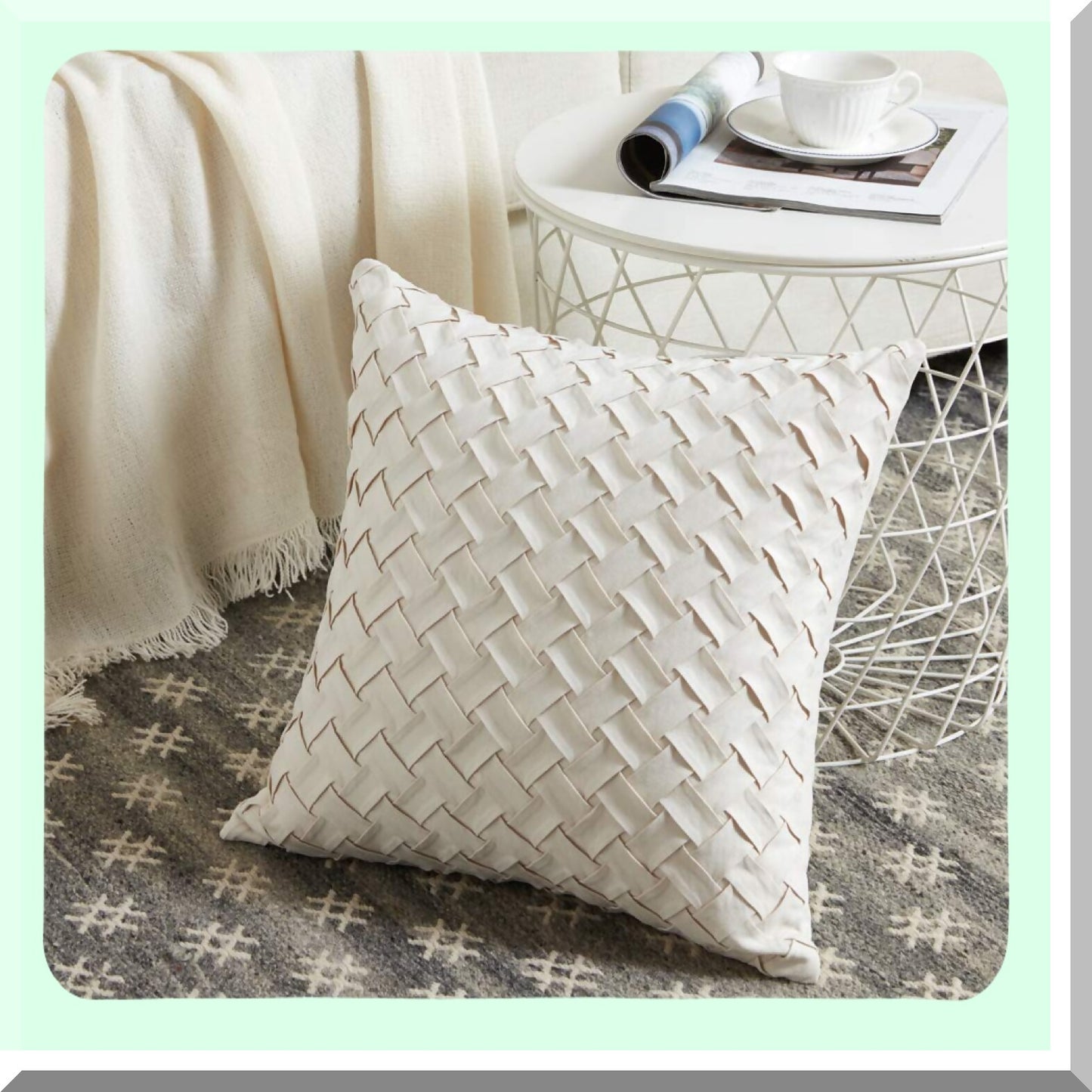 Boho Chic Basket Weave Pillow Covers - Soft Suede Accent Cushion Cases for Home Decor - Cream Square Throw Pillow Set for Couch, Sofa, Bedroom, Car - 18x18 inch Square Pillow Covers