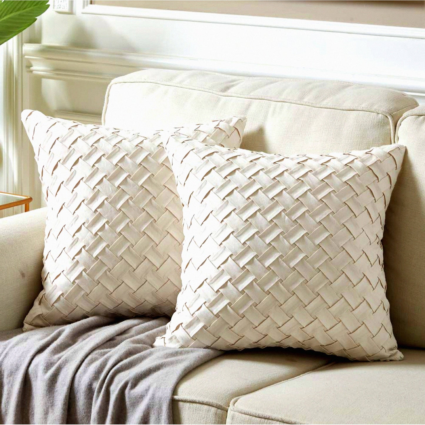 Boho Chic Basket Weave Pillow Covers - Soft Suede Accent Cushion Cases for Home Decor - Cream Square Throw Pillow Set for Couch, Sofa, Bedroom, Car - 18x18 inch Square Pillow Covers