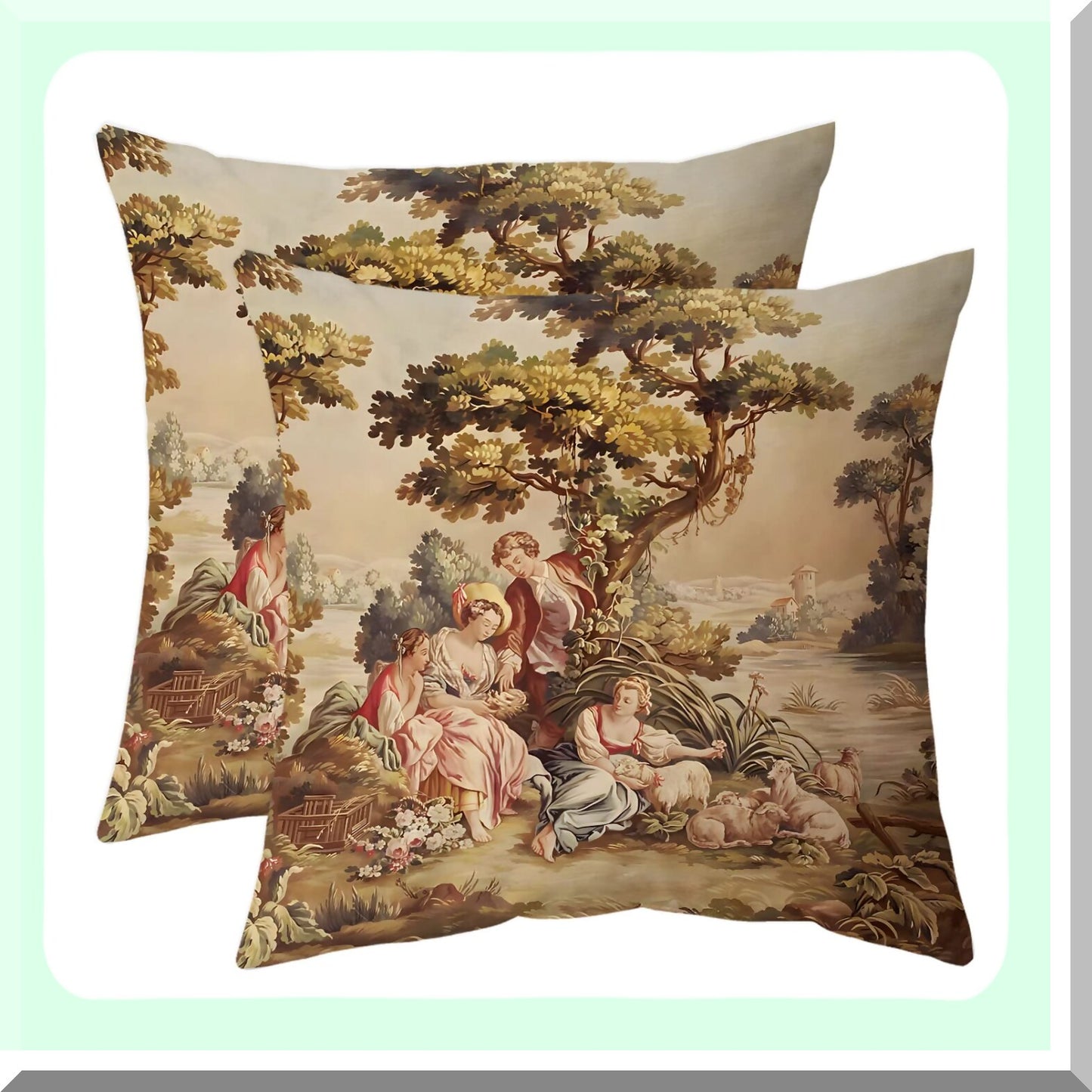 Vintage Aubusson Decorative Pillow Covers - Set of 2 Antique Brown Euro Shabby Chic Couch Cushion Cases for Sofa & Bedroom - Victorian Home Decor, 18 x 18 Inches