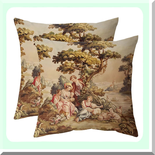 Vintage Aubusson Decorative Pillow Covers - Set of 2 Antique Brown Euro Shabby Chic Couch Cushion Cases for Sofa & Bedroom - Victorian Home Decor, 18 x 18 Inches