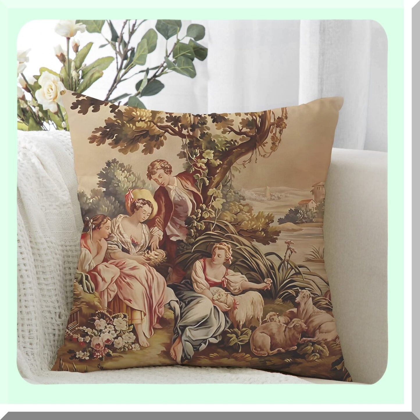 Vintage Aubusson Decorative Pillow Covers - Set of 2 Antique Brown Euro Shabby Chic Couch Cushion Cases for Sofa & Bedroom - Victorian Home Decor, 18 x 18 Inches