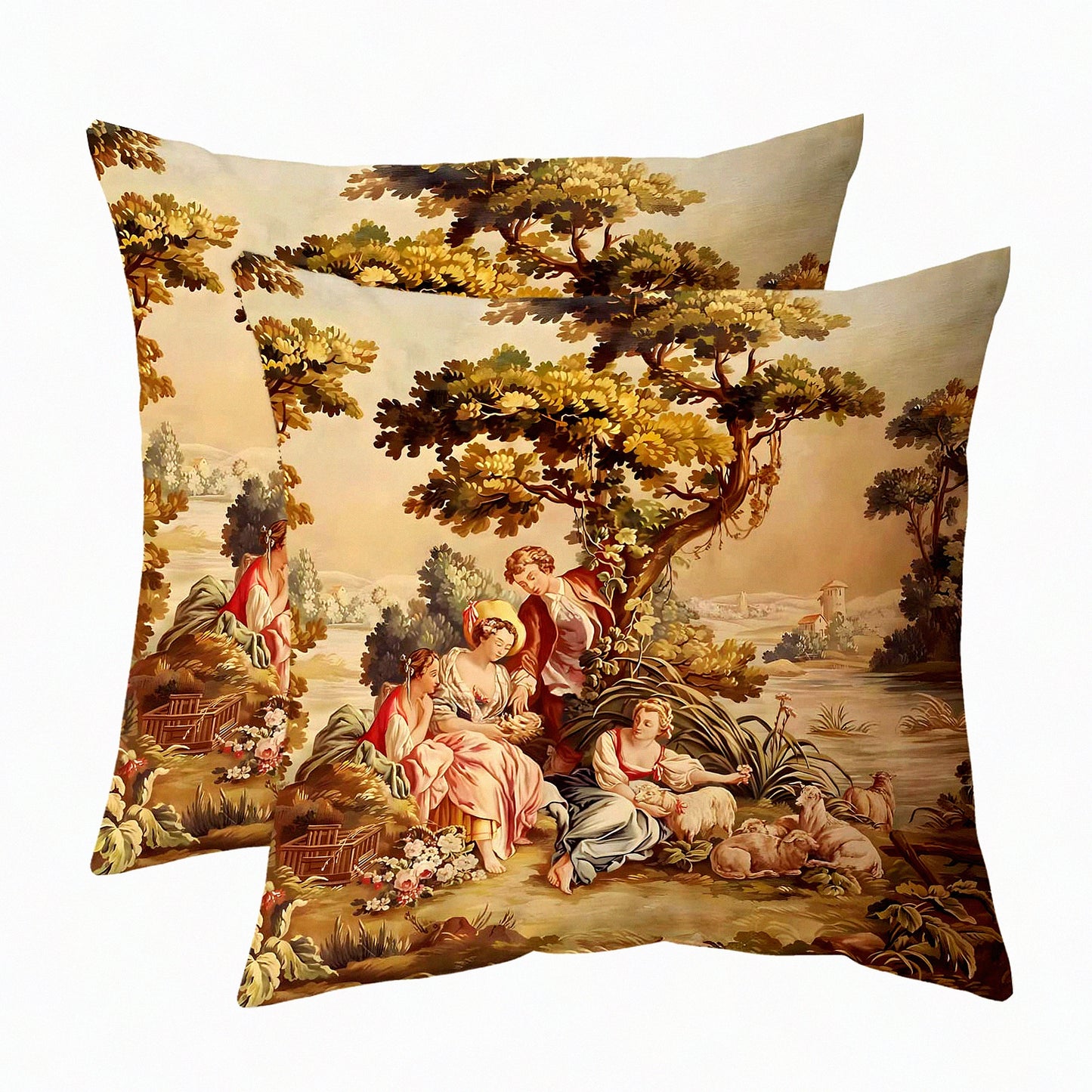 Vintage Aubusson Decorative Pillow Covers - Set of 2 Antique Brown Euro Shabby Chic Couch Cushion Cases for Sofa & Bedroom - Victorian Home Decor, 18 x 18 Inches