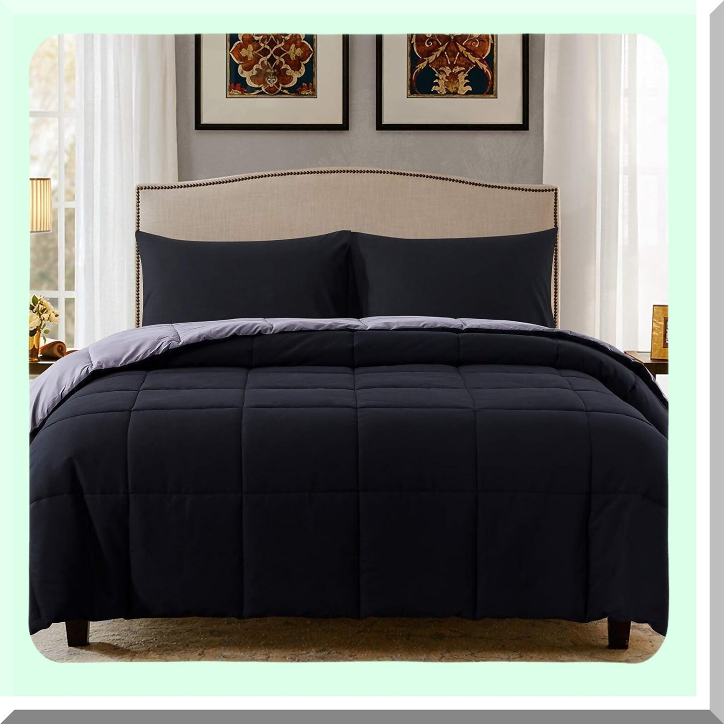 UltraPlush All Season Full Comforter Set - Lightweight Quilted Down Alternative Duvet Insert with 2 Pillow Sham - Black/Grey - 3 Piece Set - Full Size - Maximum Comfort and Style