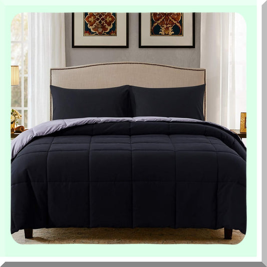 UltraPlush All Season Full Comforter Set - Lightweight Quilted Down Alternative Duvet Insert with 2 Pillow Sham - Black/Grey - 3 Piece Set - Full Size - Maximum Comfort and Style