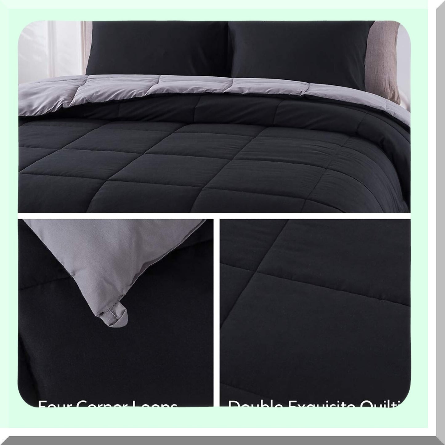 UltraPlush All Season Full Comforter Set - Lightweight Quilted Down Alternative Duvet Insert with 2 Pillow Sham - Black/Grey - 3 Piece Set - Full Size - Maximum Comfort and Style