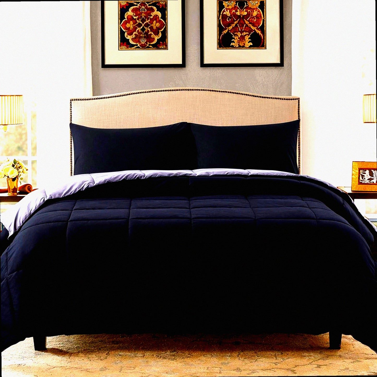 UltraPlush All Season Full Comforter Set - Lightweight Quilted Down Alternative Duvet Insert with 2 Pillow Sham - Black/Grey - 3 Piece Set - Full Size - Maximum Comfort and Style