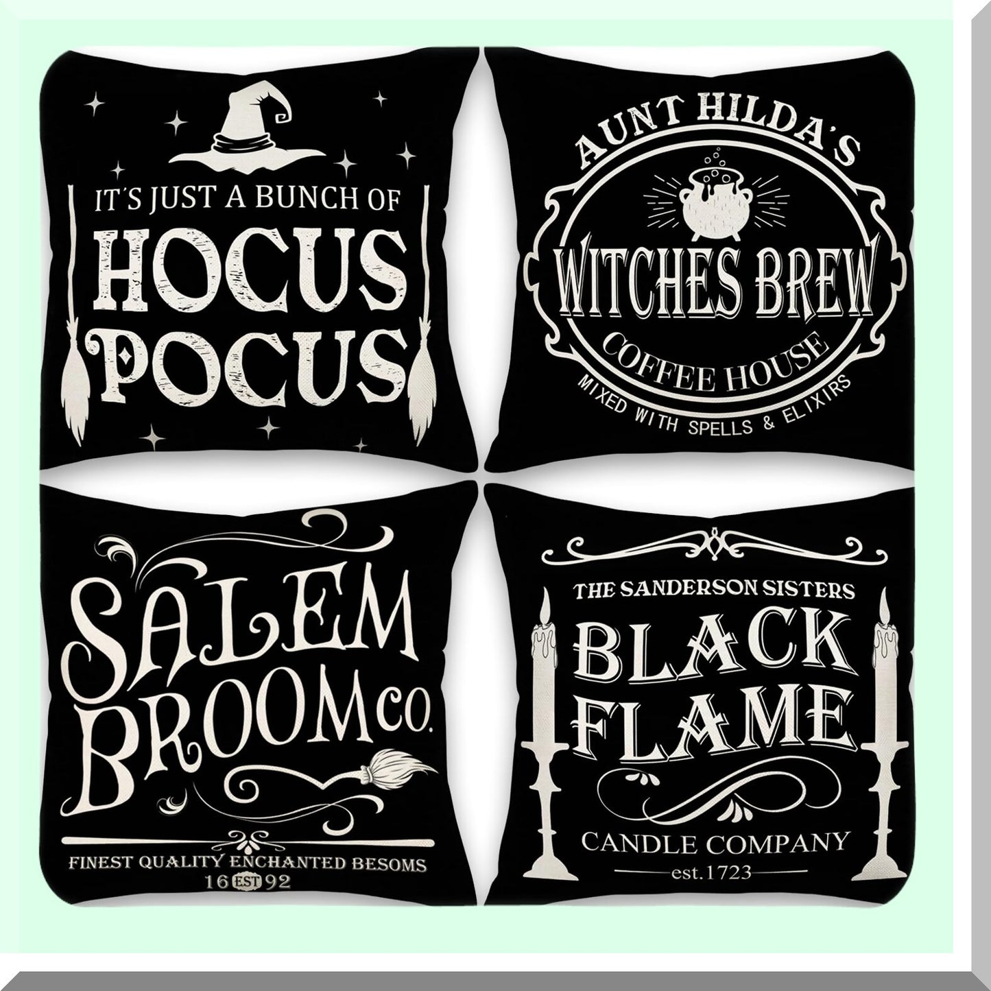 Hocus Pocus Farmhouse Quote Pillow Covers - Set of 4 Decorative Fall Cushion Cases for Home Decor - Black 24x24 Inch Outdoor Throw Pillows