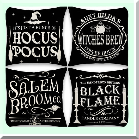 Hocus Pocus Farmhouse Quote Pillow Covers - Set of 4 Decorative Fall Cushion Cases for Home Decor - Black 24x24 Inch Outdoor Throw Pillows