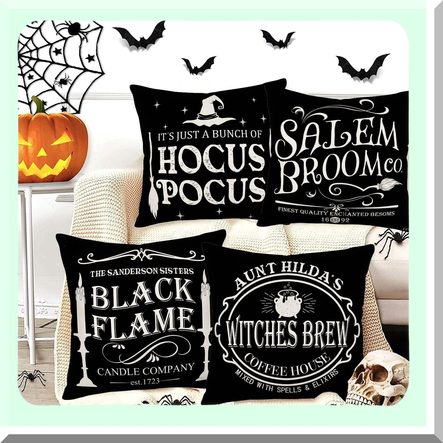 Hocus Pocus Farmhouse Quote Pillow Covers - Set of 4 Decorative Fall Cushion Cases for Home Decor - Black 24x24 Inch Outdoor Throw Pillows