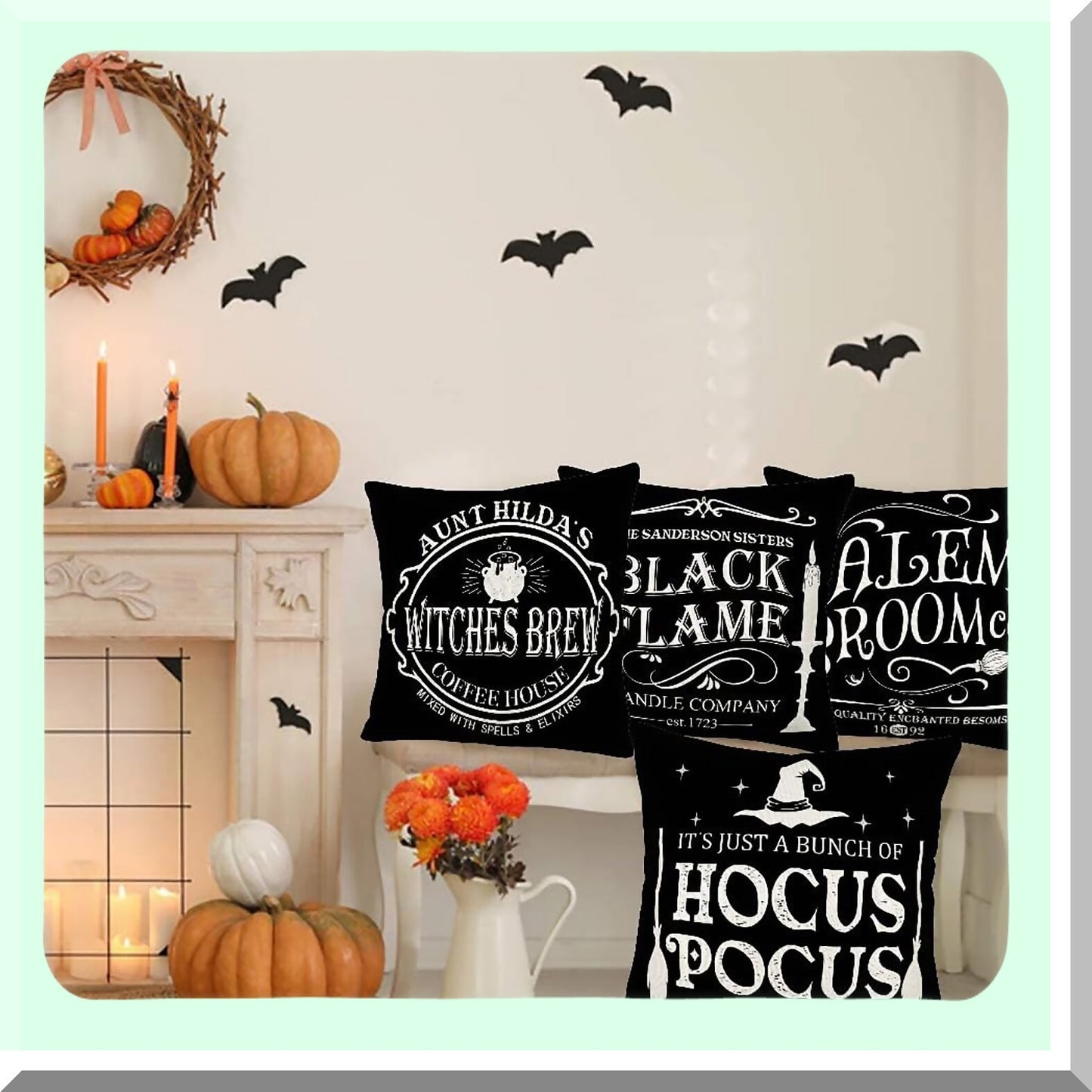 Hocus Pocus Farmhouse Quote Pillow Covers - Set of 4 Decorative Fall Cushion Cases for Home Decor - Black 24x24 Inch Outdoor Throw Pillows