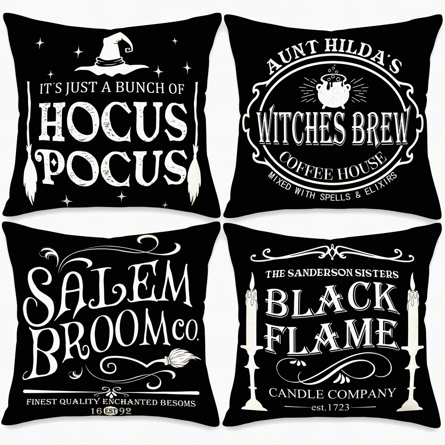 Hocus Pocus Farmhouse Quote Pillow Covers - Set of 4 Decorative Fall Cushion Cases for Home Decor - Black 24x24 Inch Outdoor Throw Pillows