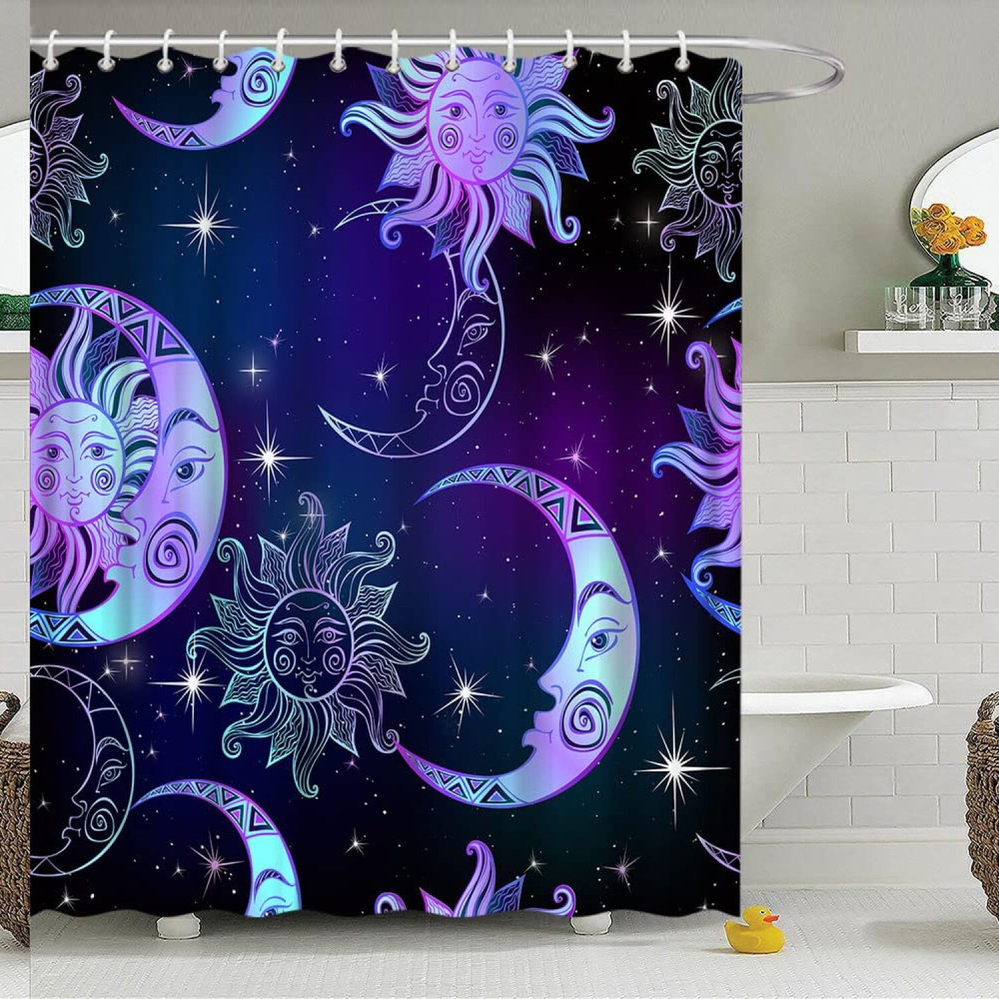 Sun Moon Shower Curtain Purple Blue Galaxy