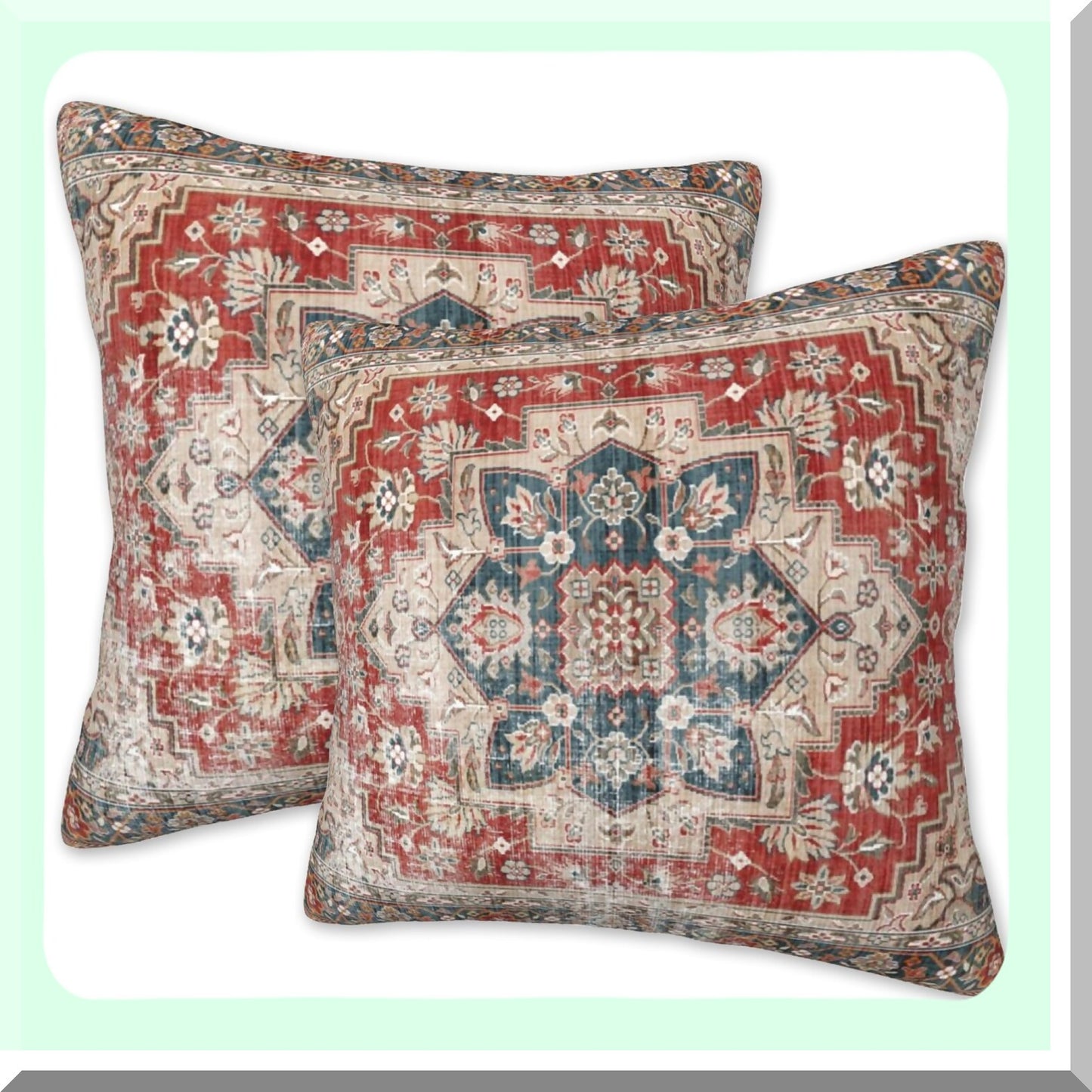 Boho Vintage Carpet Pillow Covers - Set of 2 Soft 18x18 Inch Red Blue Modern Home Decor for Couch Bed Sofa - Throw Pillow Cases