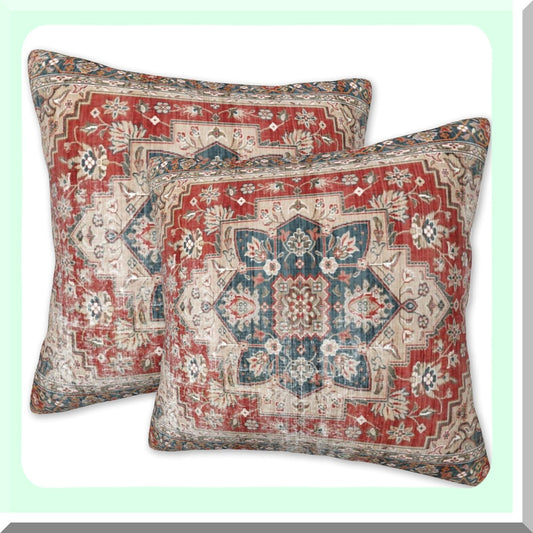 Boho Vintage Carpet Pillow Covers - Set of 2 Soft 18x18 Inch Red Blue Modern Home Decor for Couch Bed Sofa - Throw Pillow Cases