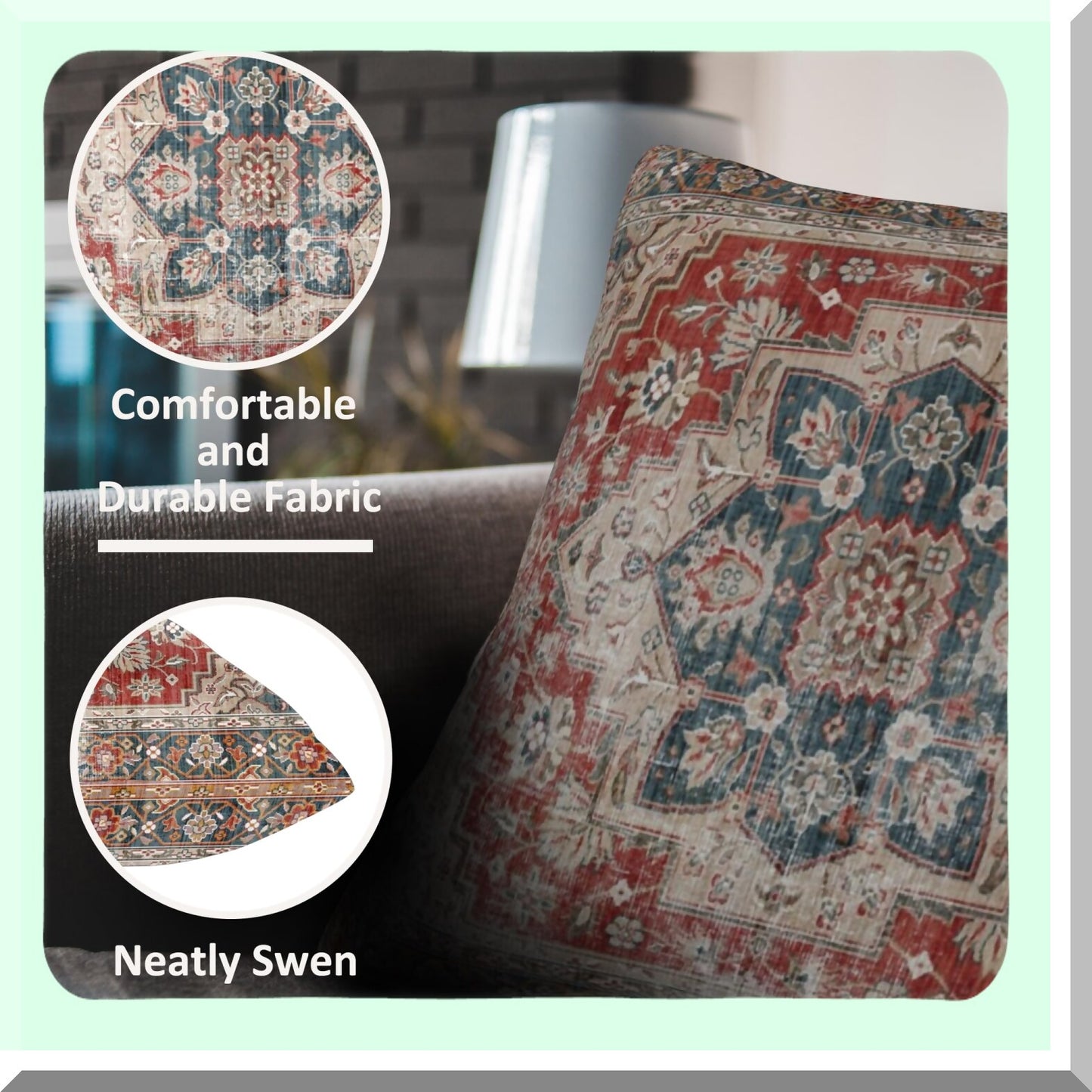 Boho Vintage Carpet Pillow Covers - Set of 2 Soft 18x18 Inch Red Blue Modern Home Decor for Couch Bed Sofa - Throw Pillow Cases