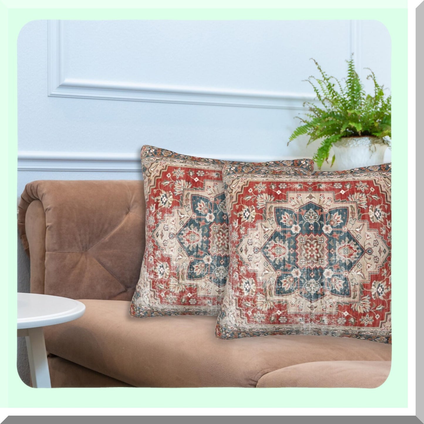 Boho Vintage Carpet Pillow Covers - Set of 2 Soft 18x18 Inch Red Blue Modern Home Decor for Couch Bed Sofa - Throw Pillow Cases