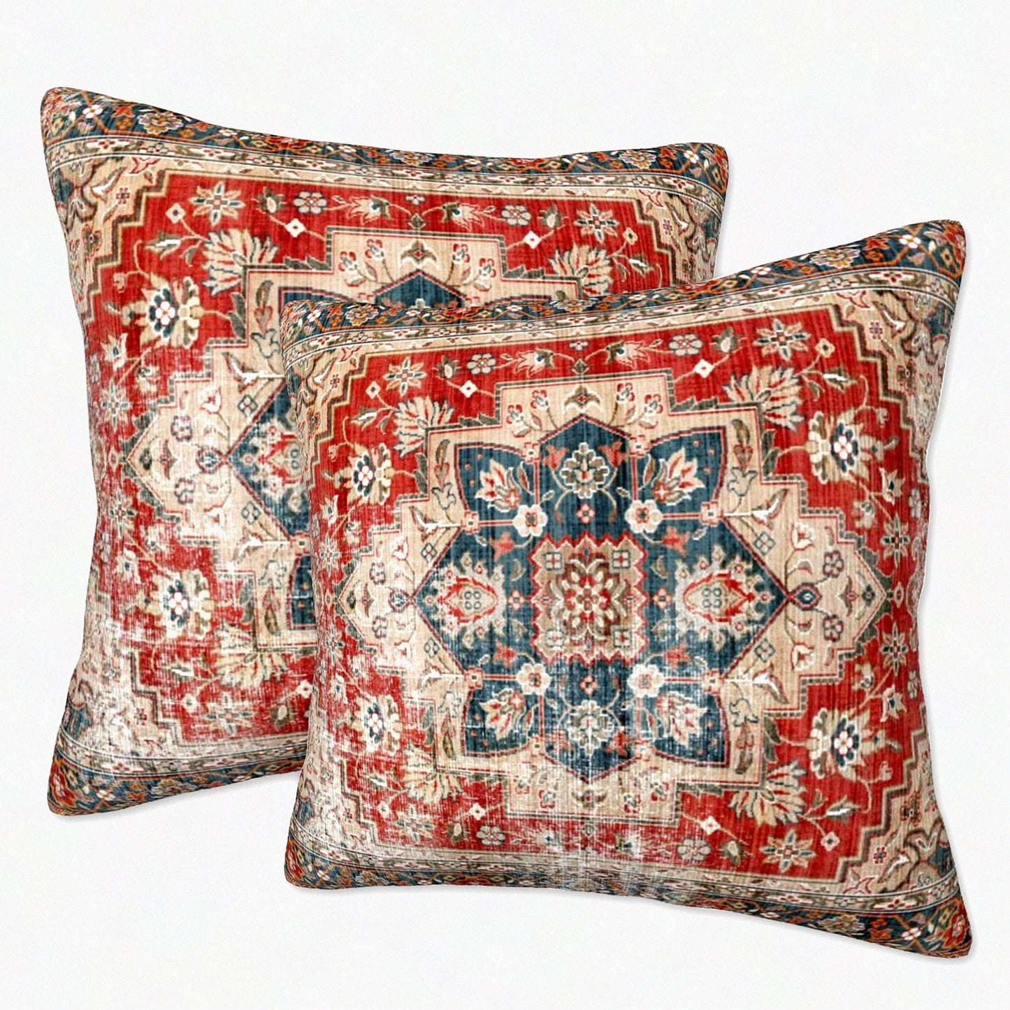 Boho Vintage Carpet Pillow Covers - Set of 2 Soft 18x18 Inch Red Blue Modern Home Decor for Couch Bed Sofa - Throw Pillow Cases