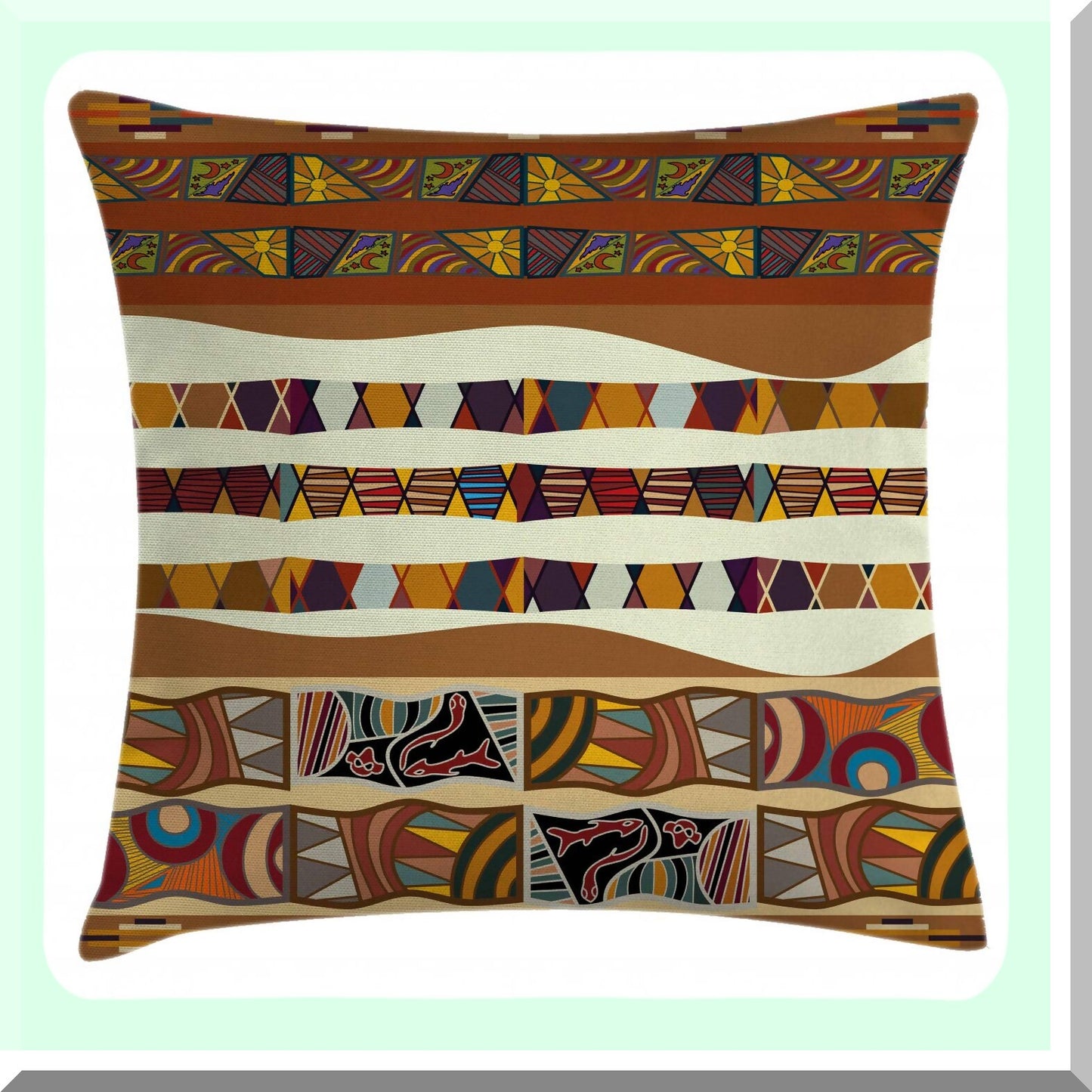 Boho Folk Abstract Cushion Cover - Tribal Decorative Pillow Case with Trippy Traditional Design, Square Accent, 20" X 20", Brown Yellow Pattern