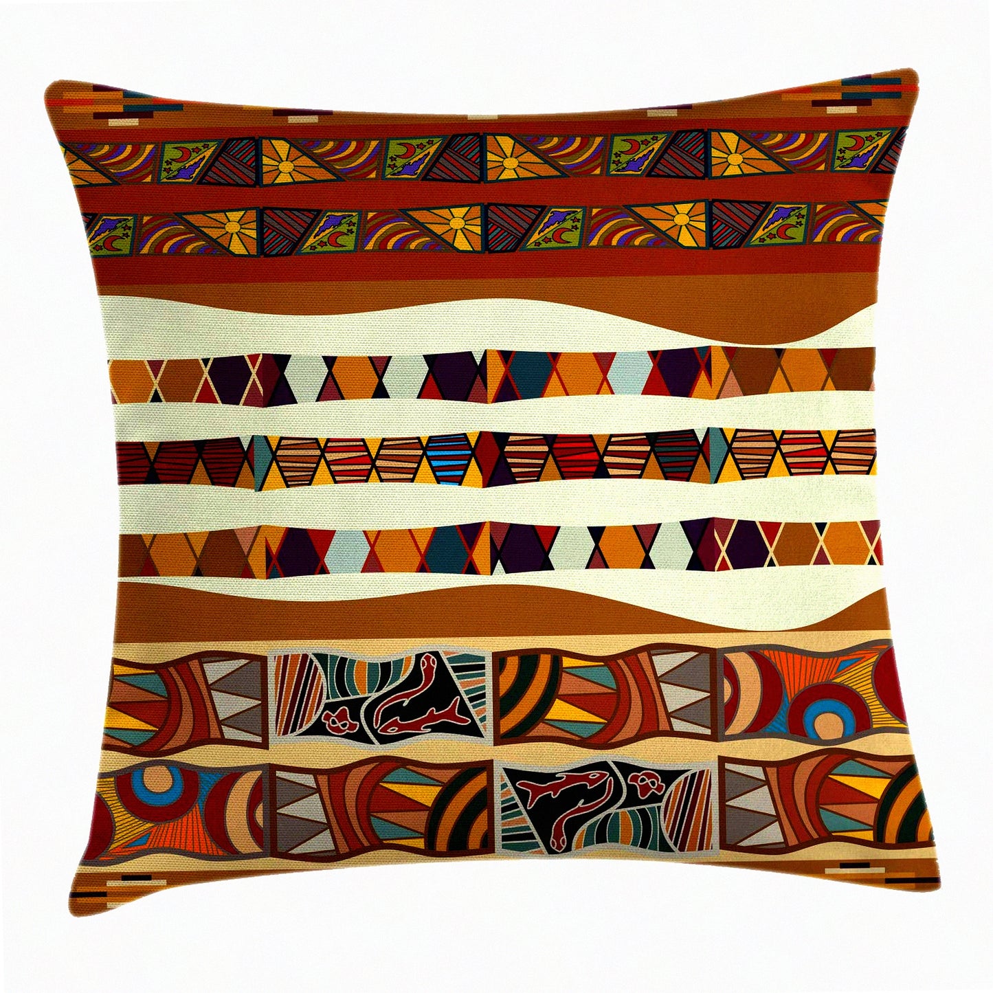 Boho Folk Abstract Cushion Cover - Tribal Decorative Pillow Case with Trippy Traditional Design, Square Accent, 20" X 20", Brown Yellow Pattern
