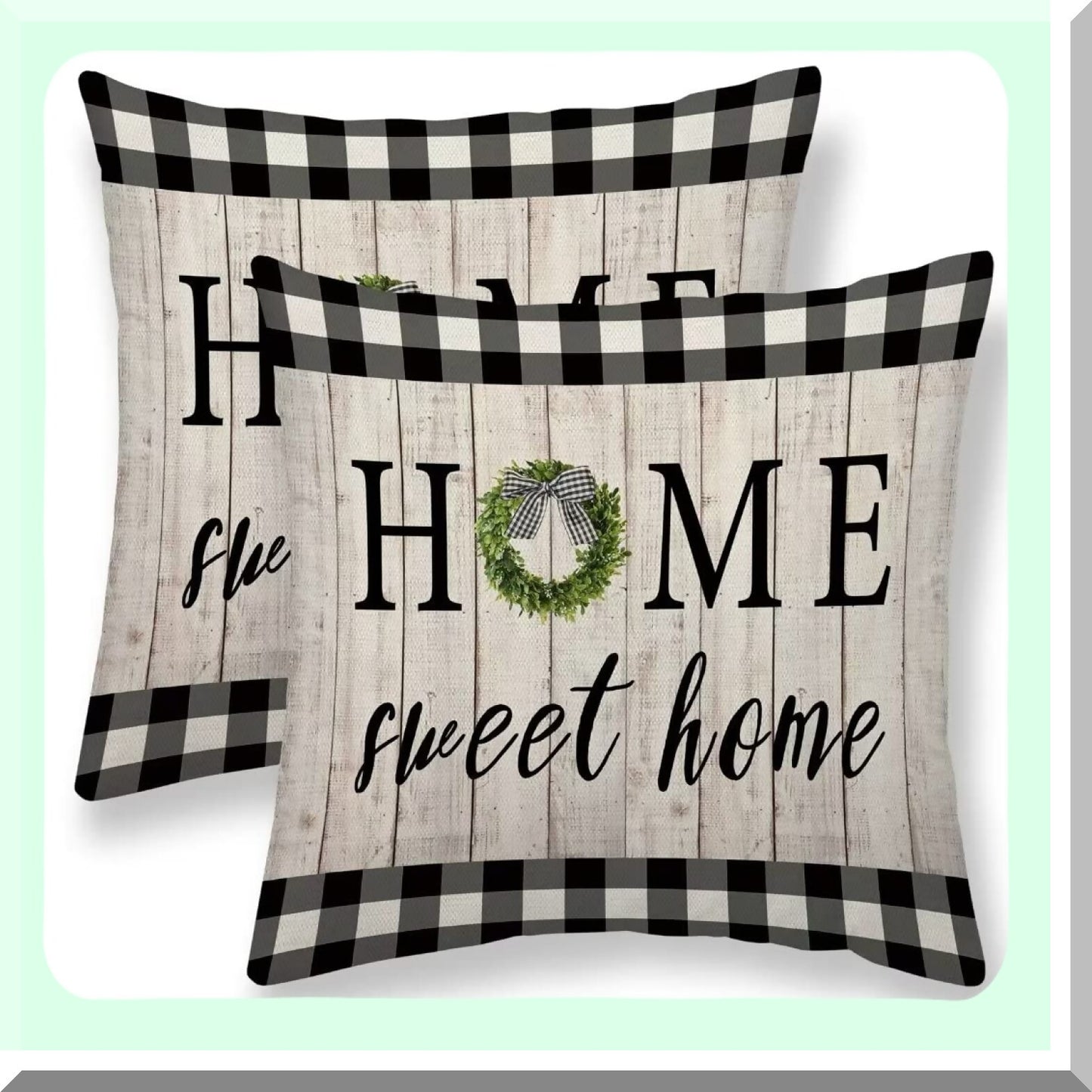 Vintage Buffalo Plaid Spring Pillow Covers - Set of 2, Home Sweet Home Collection - Farmhouse Decor Linen Cushion Cases - 18x18 Outdoor Sofa Throw Pillows