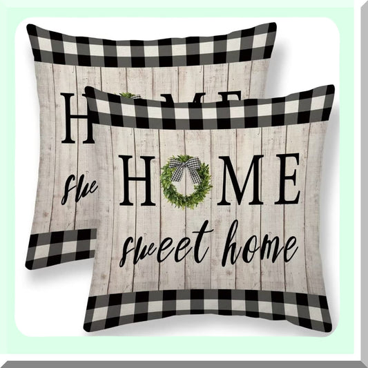 Vintage Buffalo Plaid Spring Pillow Covers - Set of 2, Home Sweet Home Collection - Farmhouse Decor Linen Cushion Cases - 18x18 Outdoor Sofa Throw Pillows