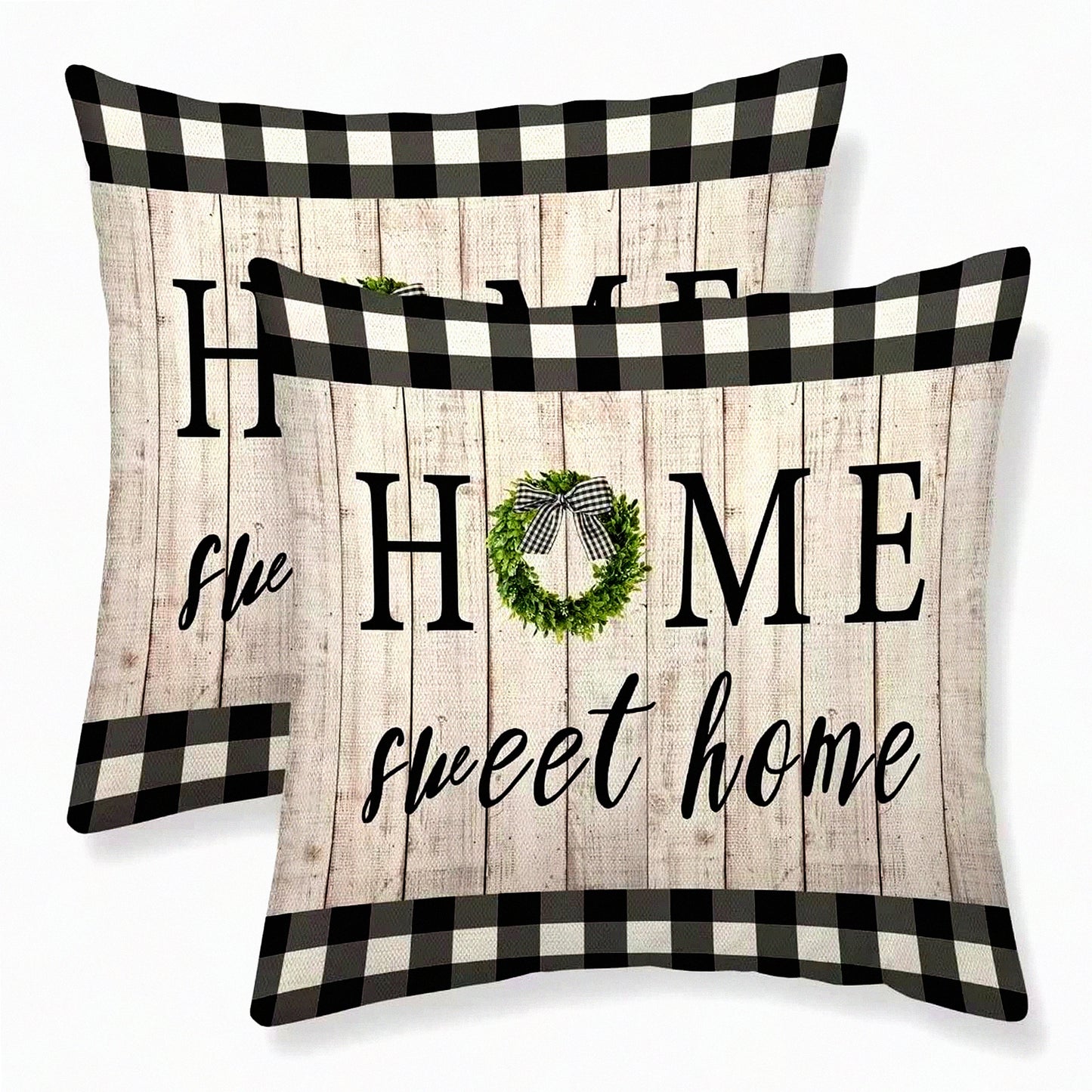 Vintage Buffalo Plaid Spring Pillow Covers - Set of 2, Home Sweet Home Collection - Farmhouse Decor Linen Cushion Cases - 18x18 Outdoor Sofa Throw Pillows