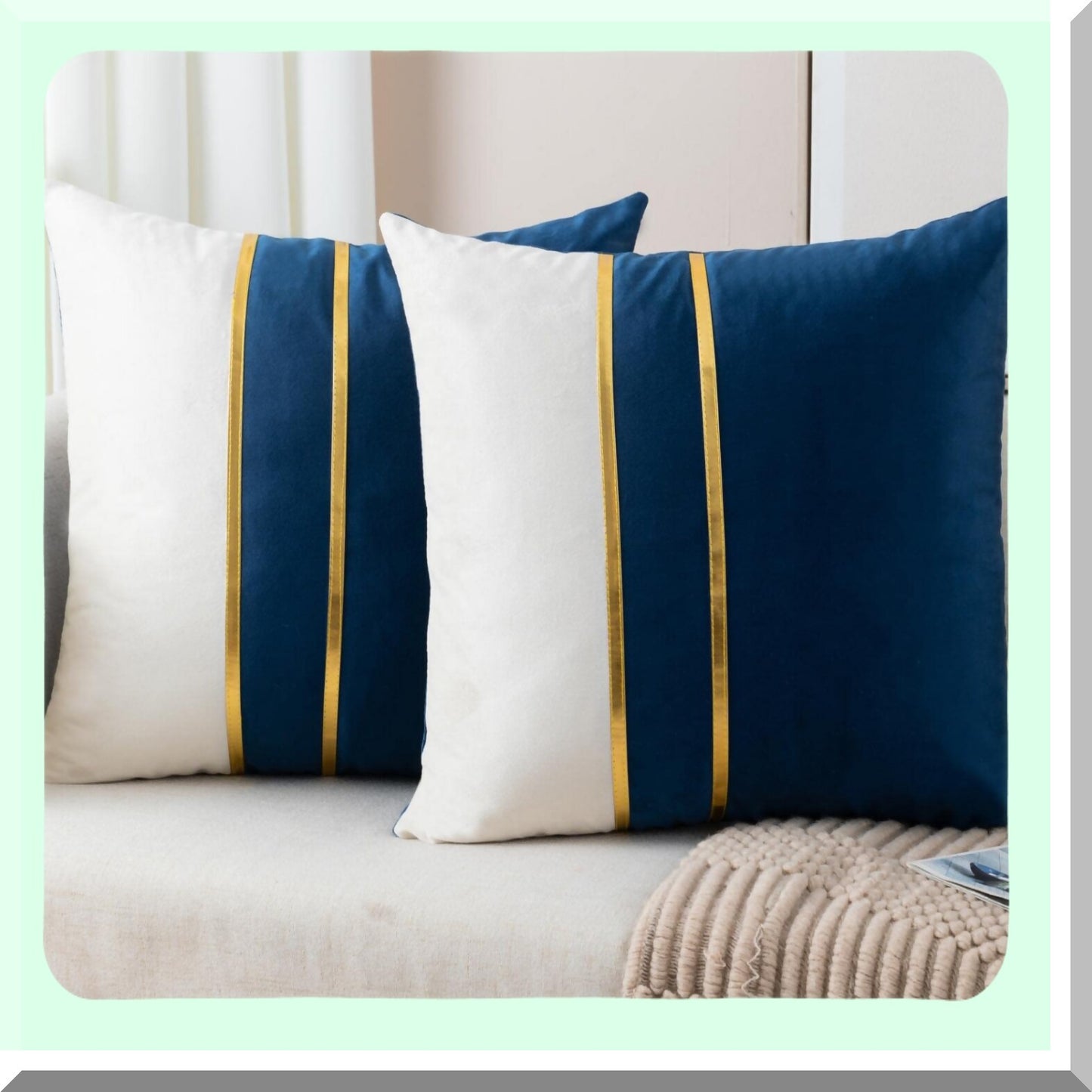 Navy Blue Velvet Patchwork Gold Leather Throw Pillow Covers - Set of 2 | 18 Inch Decorative Cushion Covers for Living Room, Bedroom, Sofa, Car