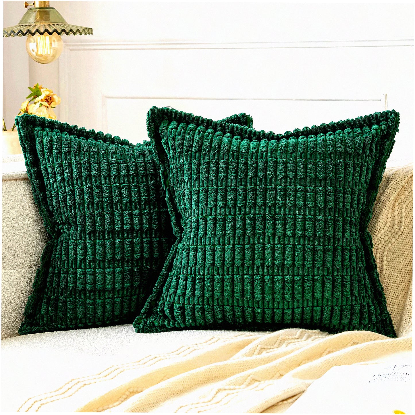 Striped Boho Corduroy Pillow Covers - Set of 2 | Soft Decorative Cushion Cases for Couch, Sofa, Bed | Modern Spring Home Decor - 16x16 Inch