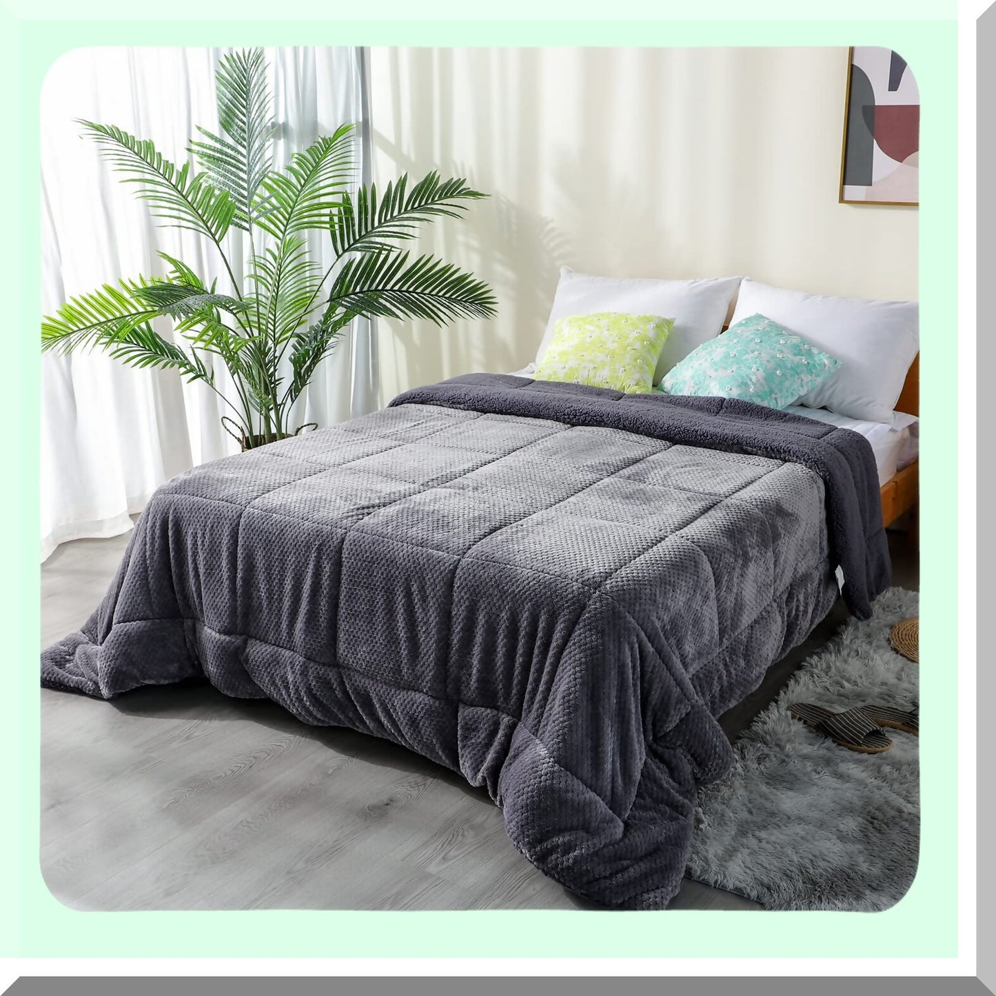 Plush Sherpa Flannel Fleece Comforter - Twin Size Bedding Coverlet - Textured Blanket - Winter Warmth - Machine Washable - Luxurious Grey Blanket (68X90)