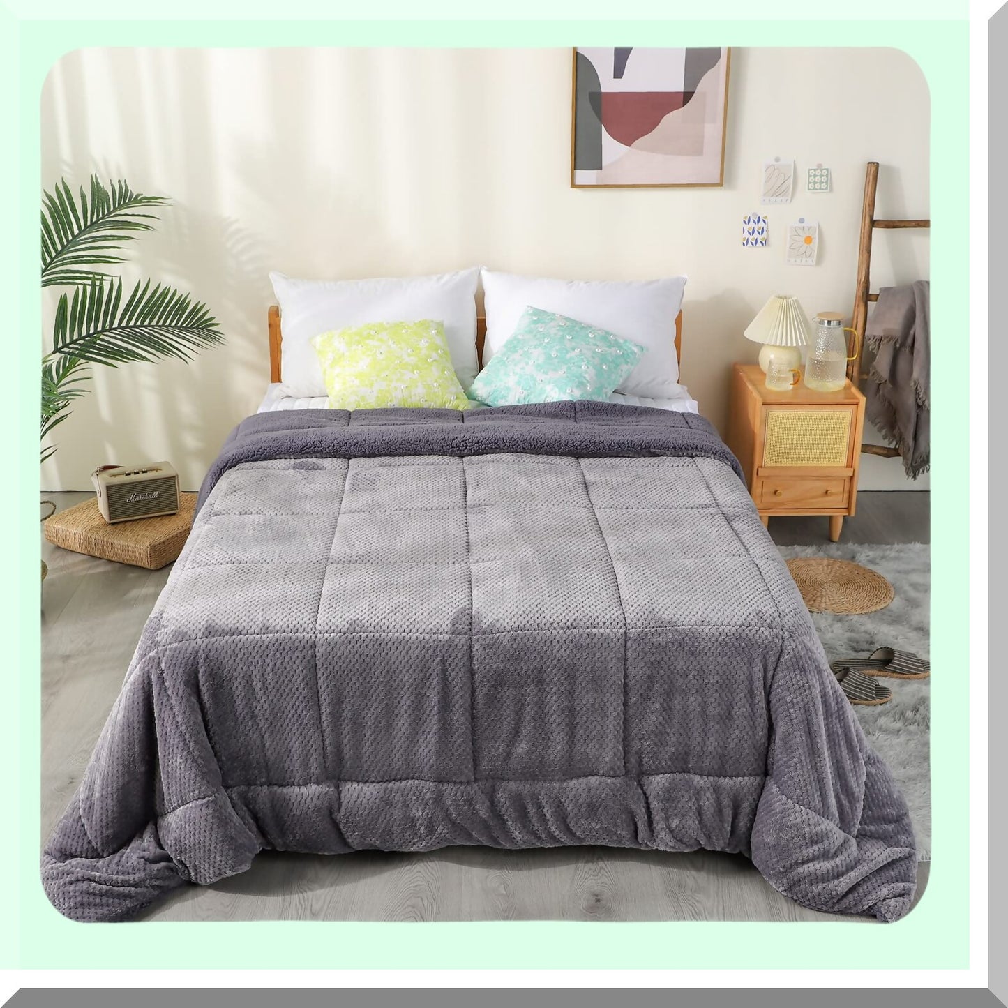 Plush Sherpa Flannel Fleece Comforter - Twin Size Bedding Coverlet - Textured Blanket - Winter Warmth - Machine Washable - Luxurious Grey Blanket (68X90)