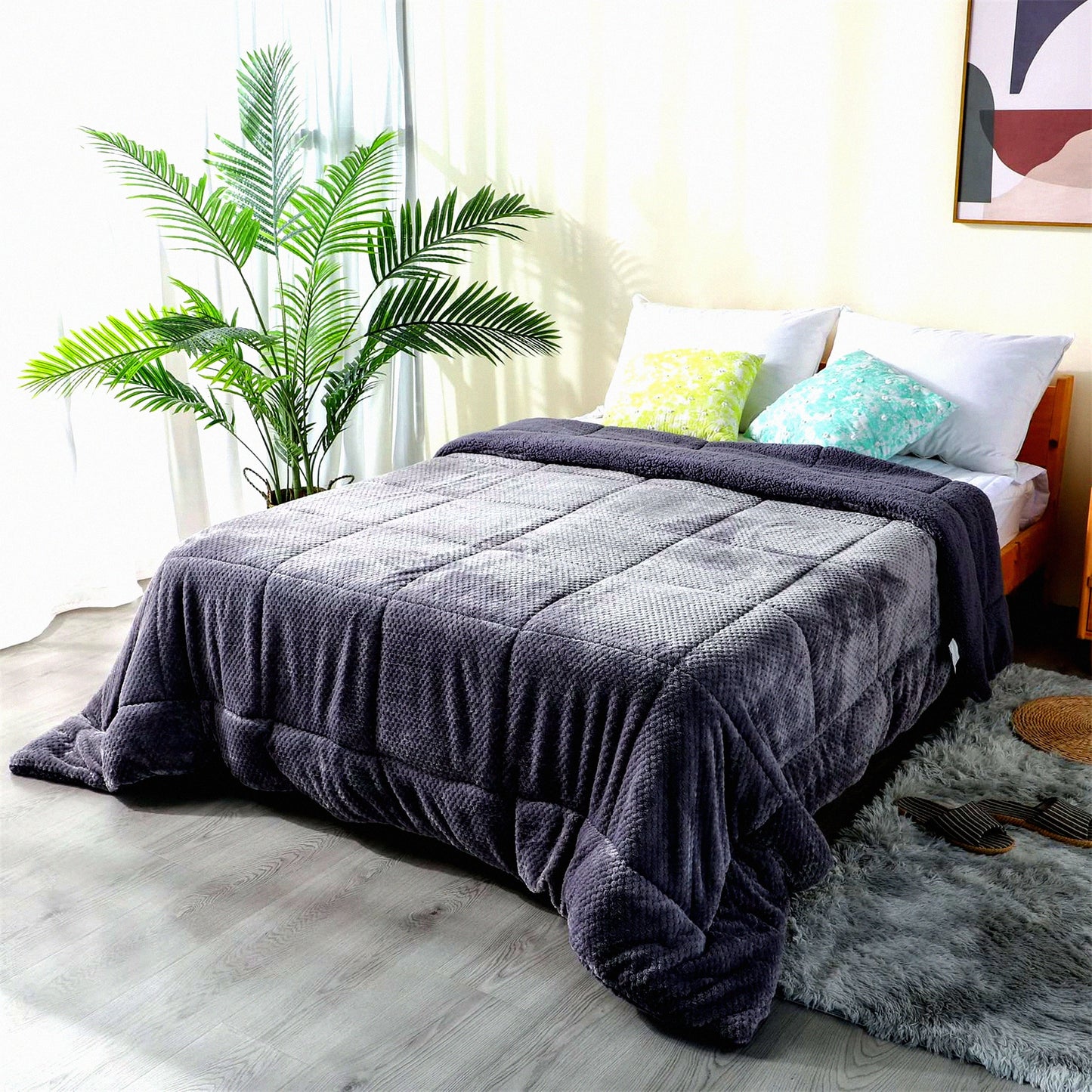 Plush Sherpa Flannel Fleece Comforter - Twin Size Bedding Coverlet - Textured Blanket - Winter Warmth - Machine Washable - Luxurious Grey Blanket (68X90)