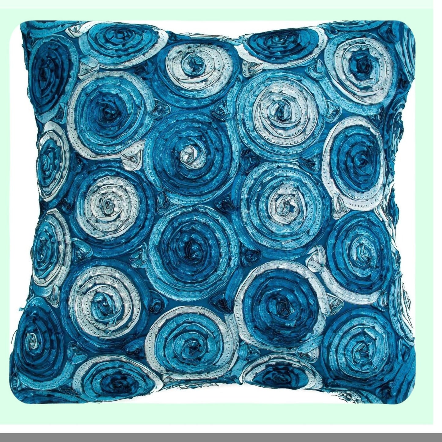 Floral Bouquet Triple Colour Cushion Cover - Decorative Throw Pillow Case for Sofa Couch Chair Bed - 16x16 Inch (40x40 cm) - Blue Jeans - Back Zipper - Insert Not Included
