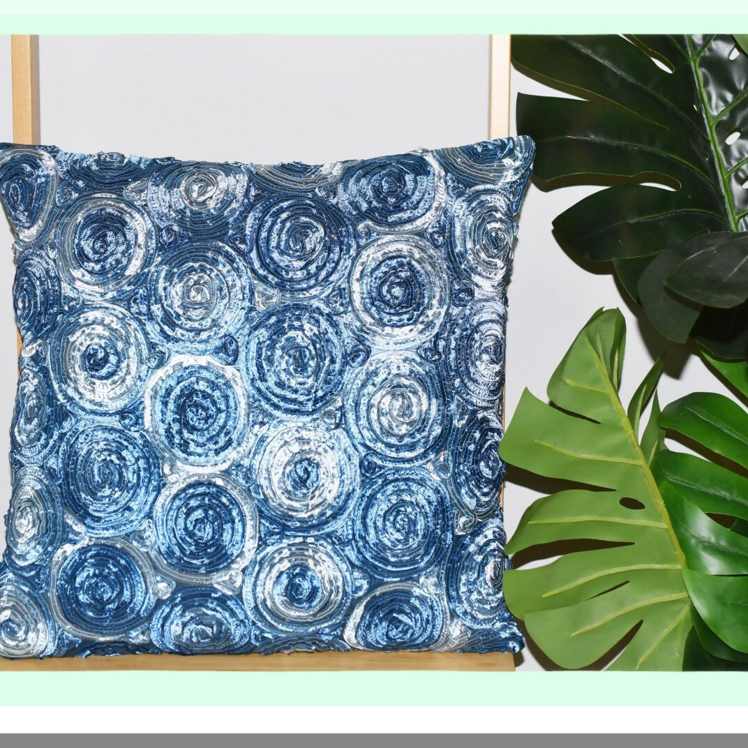 Floral Bouquet Triple Colour Cushion Cover - Decorative Throw Pillow Case for Sofa Couch Chair Bed - 16x16 Inch (40x40 cm) - Blue Jeans - Back Zipper - Insert Not Included