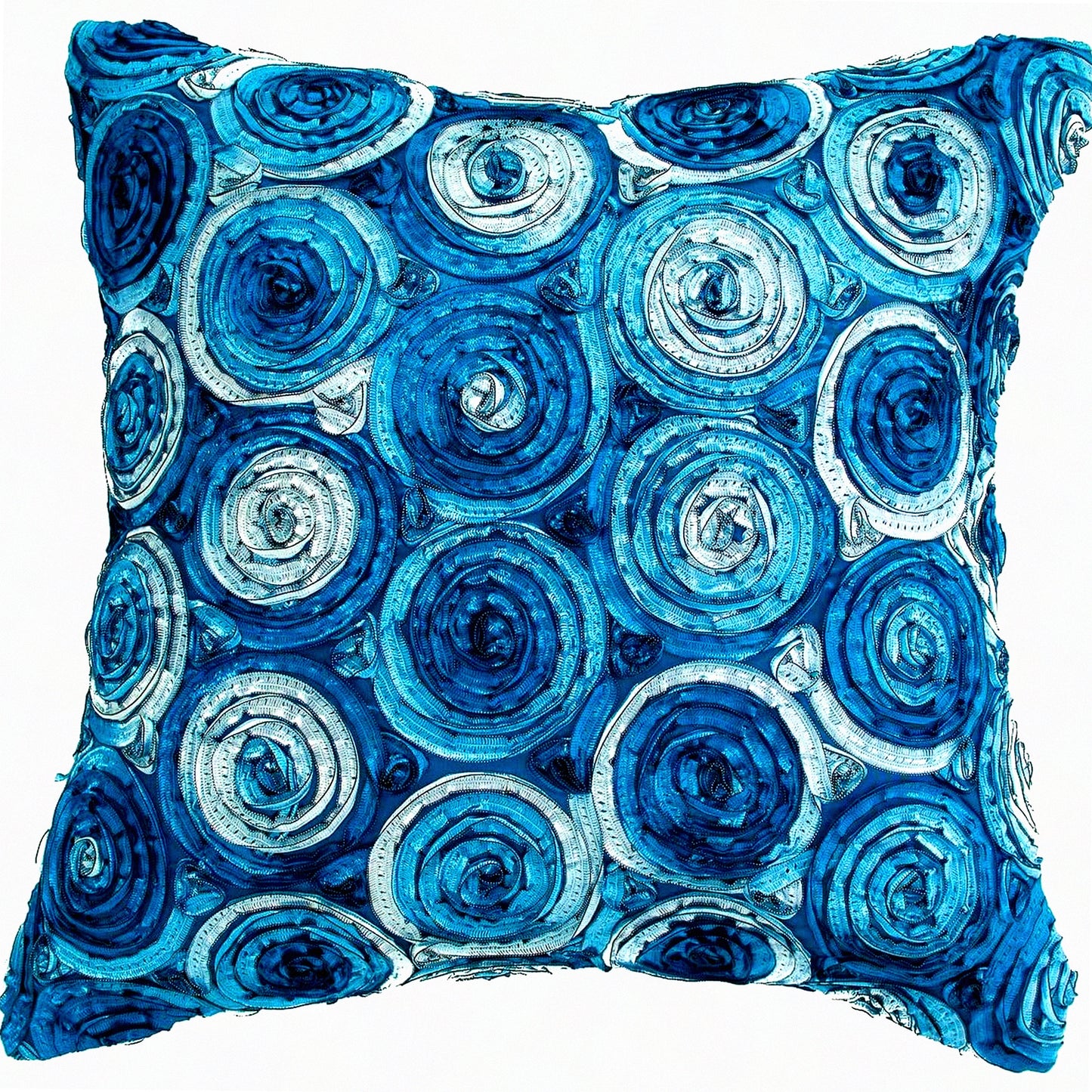 Floral Bouquet Triple Colour Cushion Cover - Decorative Throw Pillow Case for Sofa Couch Chair Bed - 16x16 Inch (40x40 cm) - Blue Jeans - Back Zipper - Insert Not Included