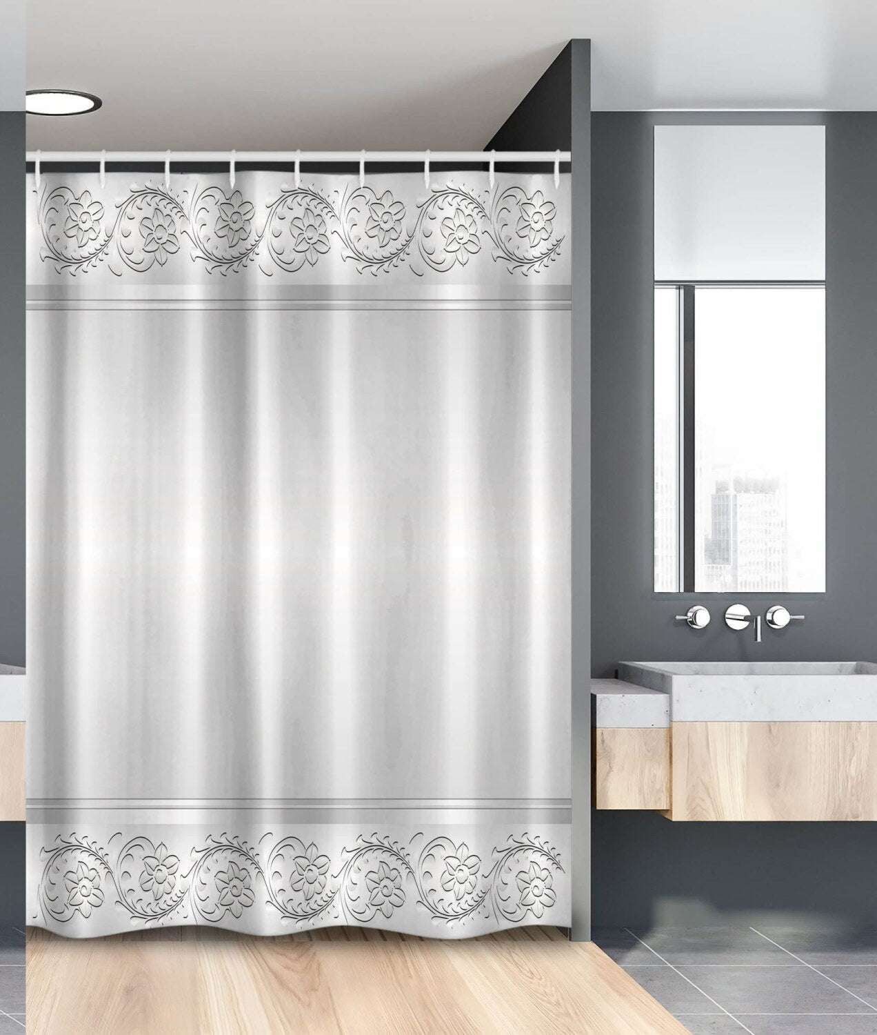 Retro Floral Shower Curtain 54x78 White Grey
