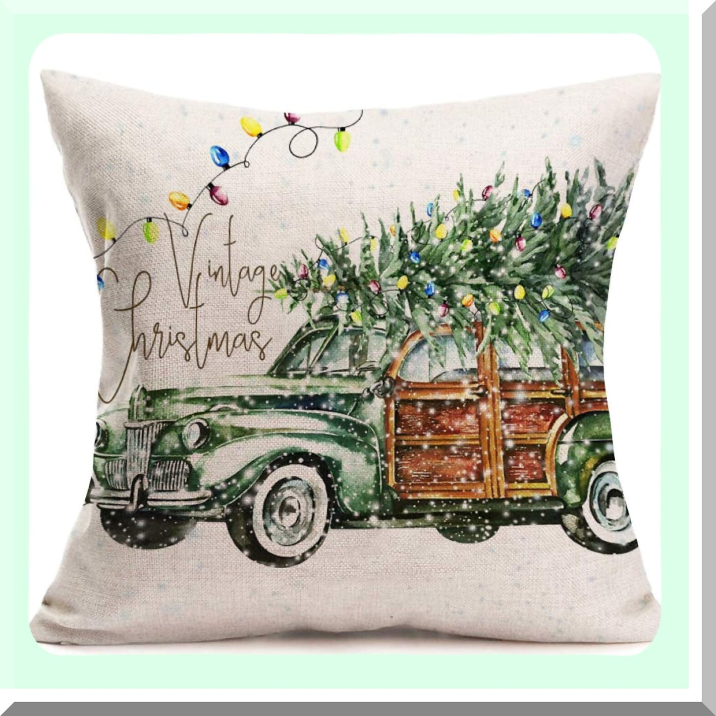 Snowflake Wonderland Christmas Truck Pillow Cover - Vintage Winter Xmas Trees Lights Camper Car Cotton Linen Cushion Case 18"x18"