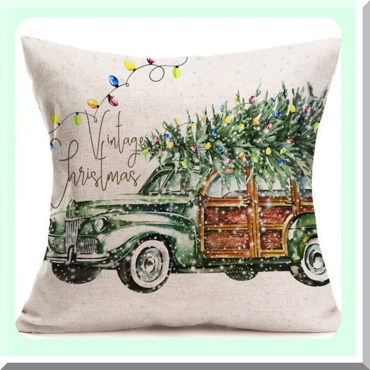 Snowflake Wonderland Christmas Truck Pillow Cover - Vintage Winter Xmas Trees Lights Camper Car Cotton Linen Cushion Case 18"x18"