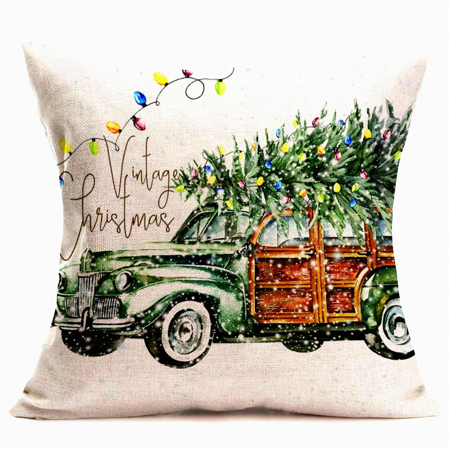Snowflake Wonderland Christmas Truck Pillow Cover - Vintage Winter Xmas Trees Lights Camper Car Cotton Linen Cushion Case 18"x18"