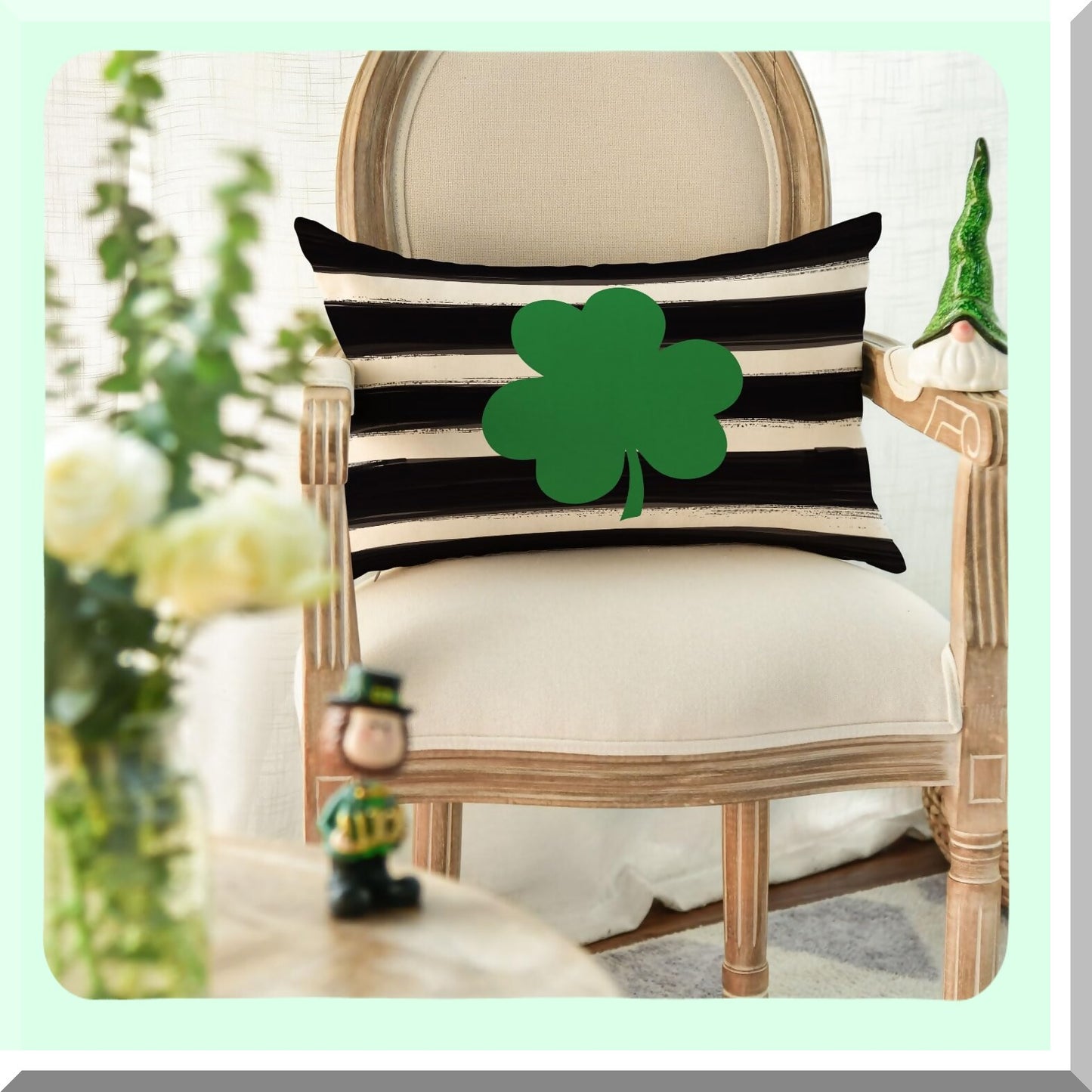 Clover Stripe Shamrock Pillow Cover - St Patricks Day Decorative Cushion Case for Sofa Couch, 12x20 Inch Black Decoration