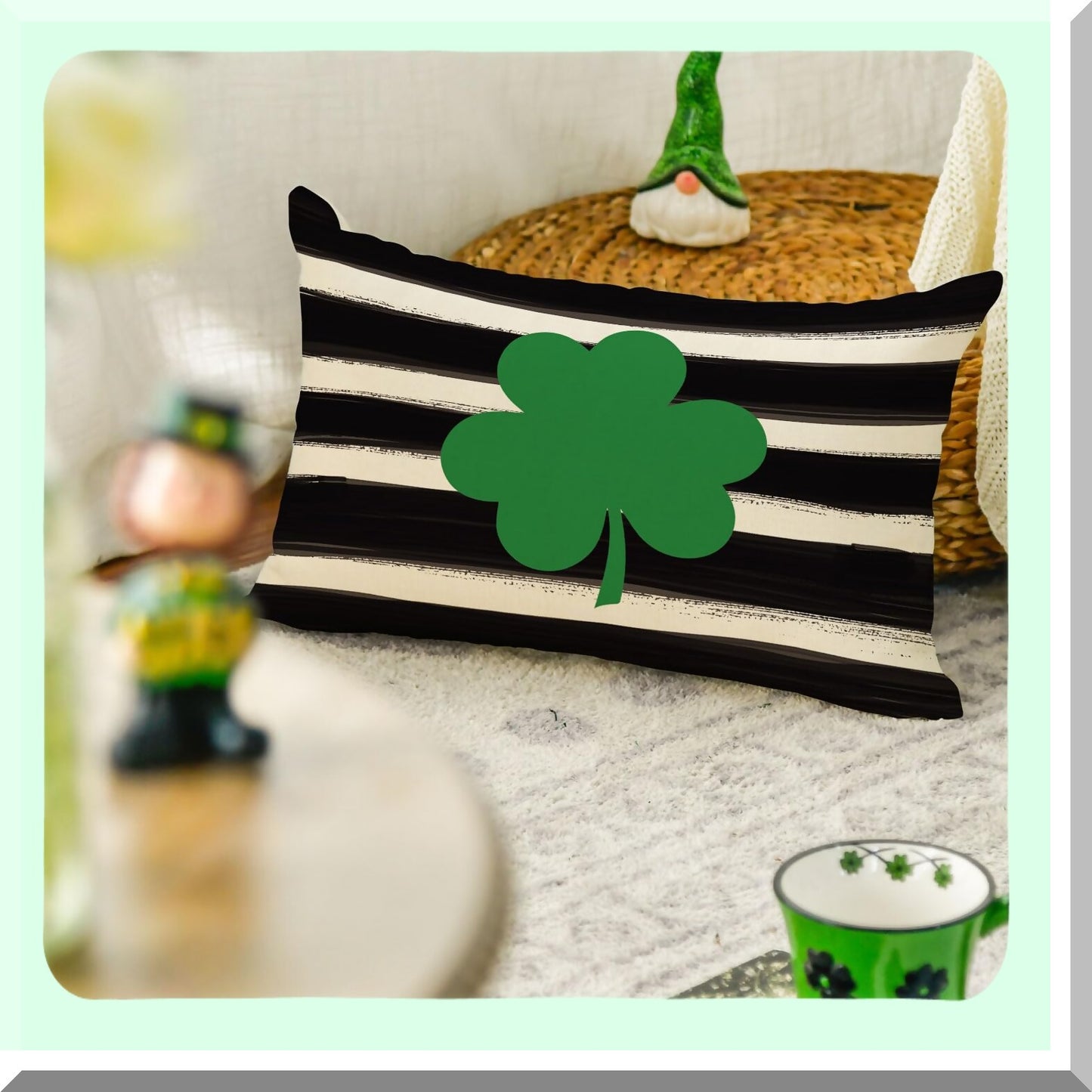 Clover Stripe Shamrock Pillow Cover - St Patricks Day Decorative Cushion Case for Sofa Couch, 12x20 Inch Black Decoration
