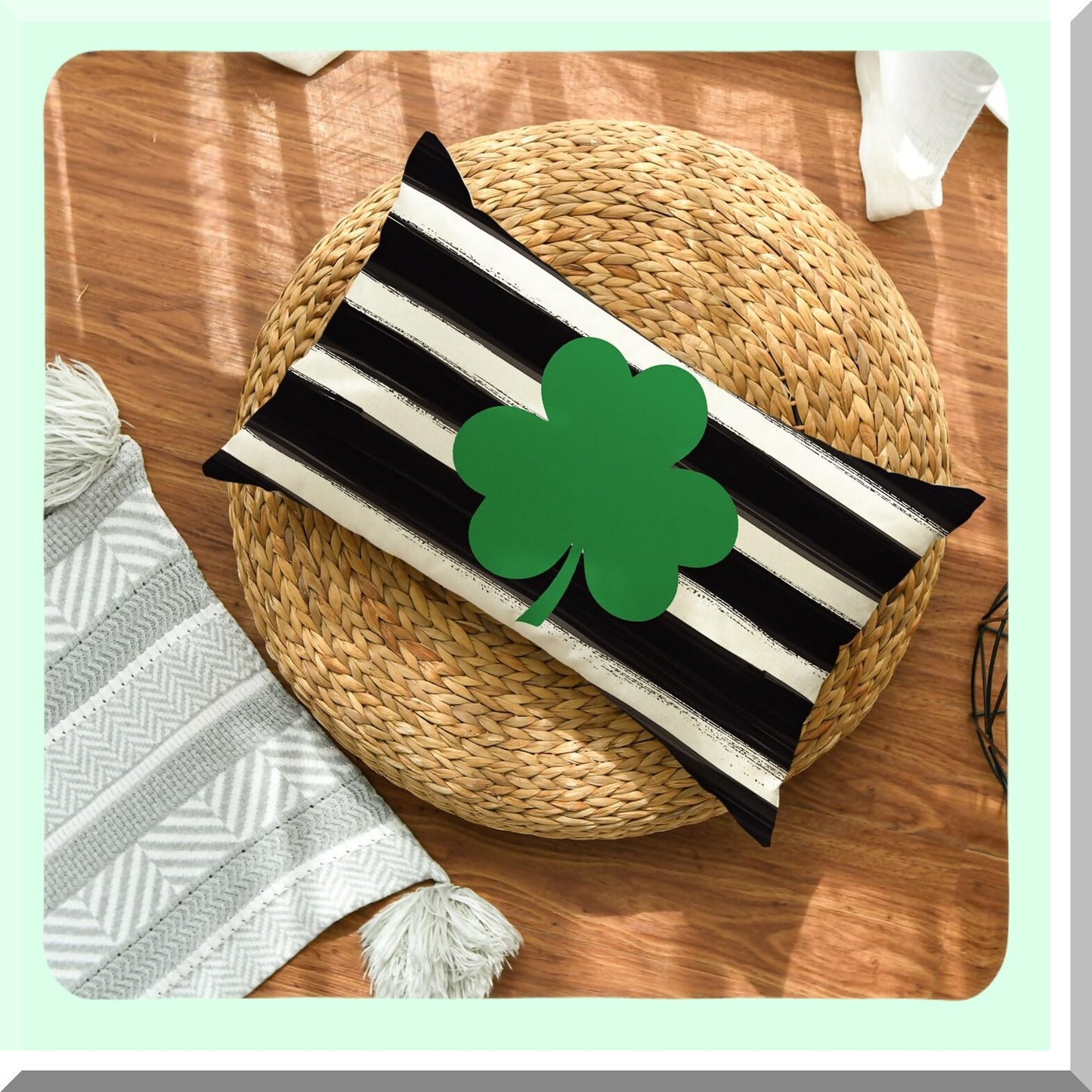 Clover Stripe Shamrock Pillow Cover - St Patricks Day Decorative Cushion Case for Sofa Couch, 12x20 Inch Black Decoration